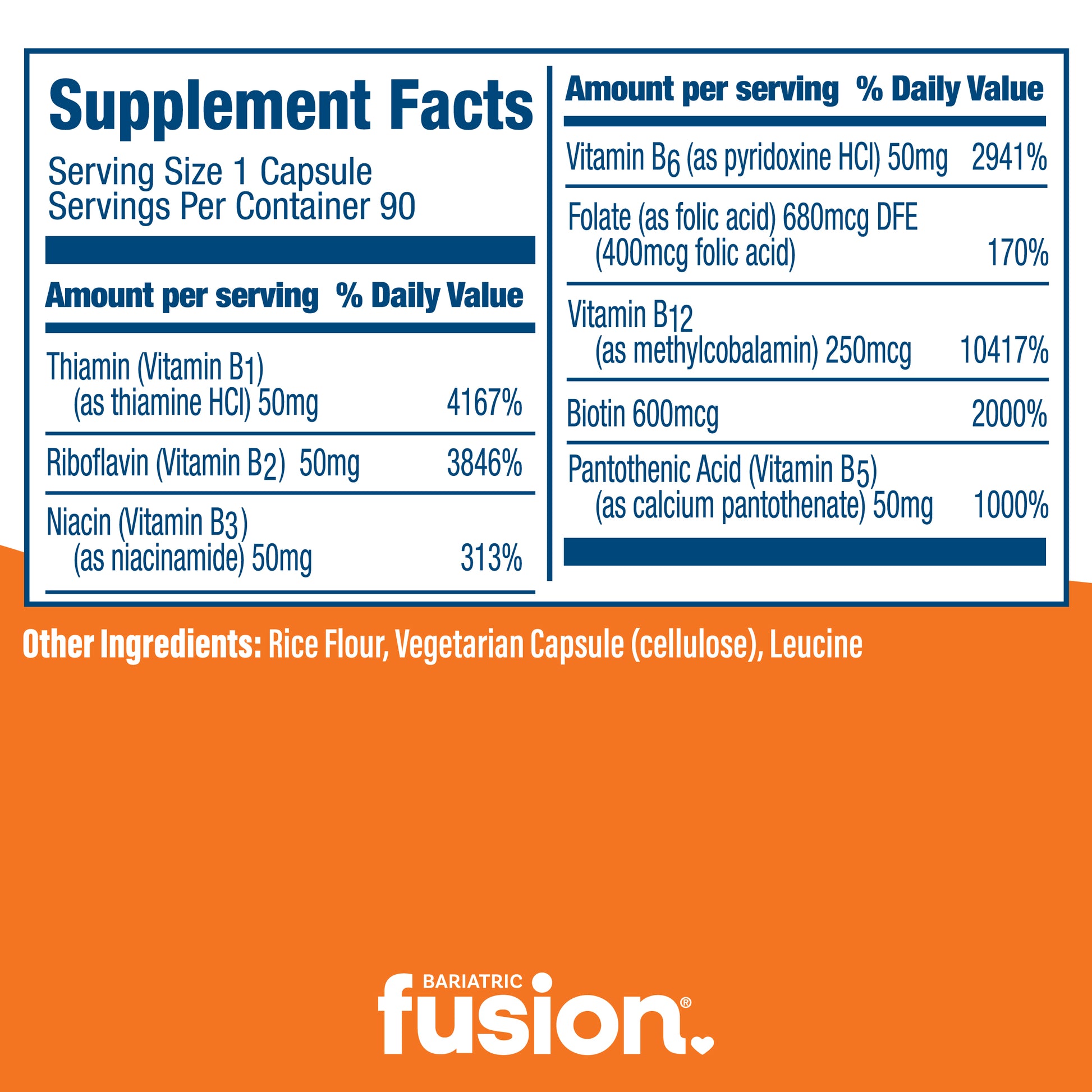 Bariatric Fusion Vitamin B-50 Complex 90 capsules supplement facts.