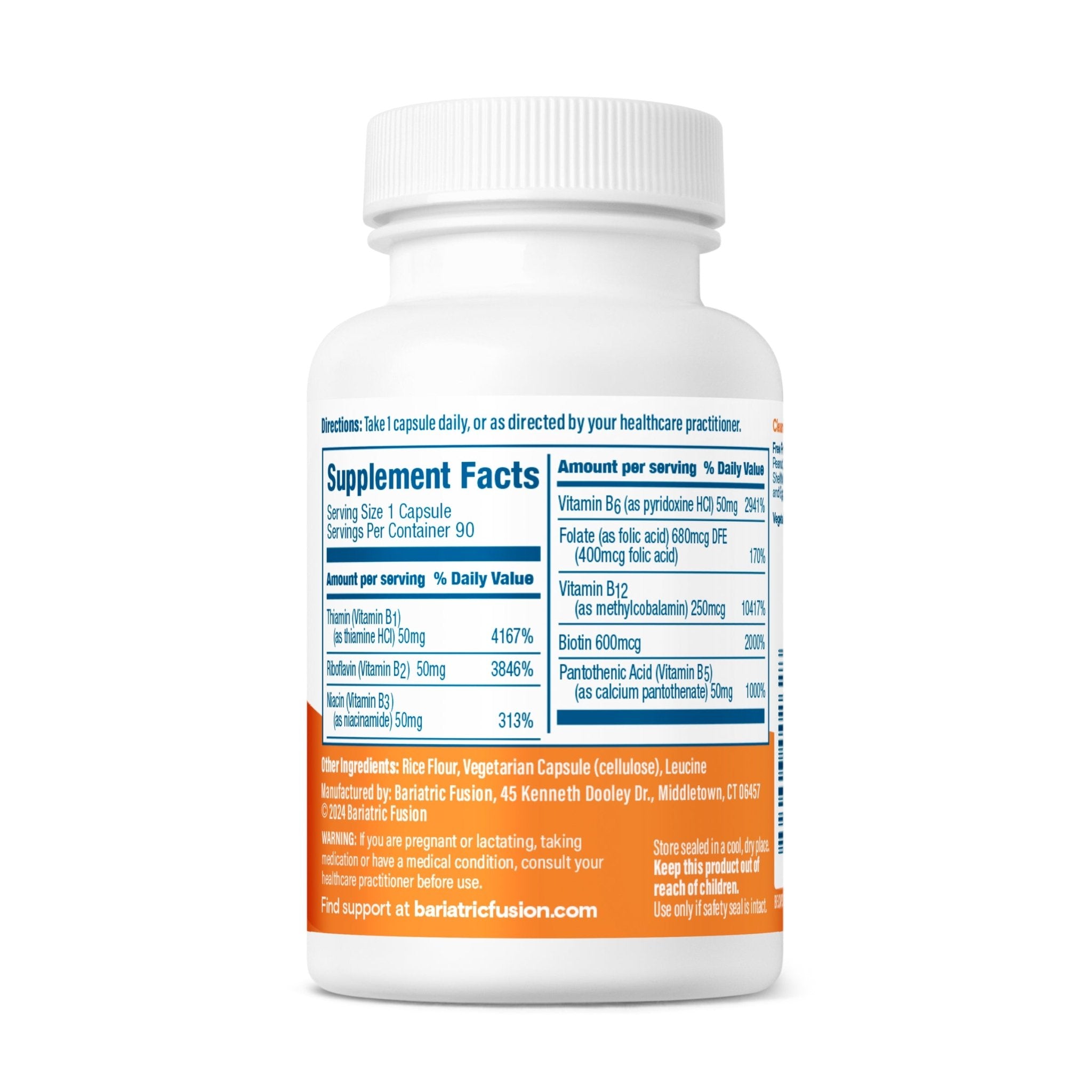 Bariatric Fusion Vitamin B-50 Complex directions, servings, and ingredients.