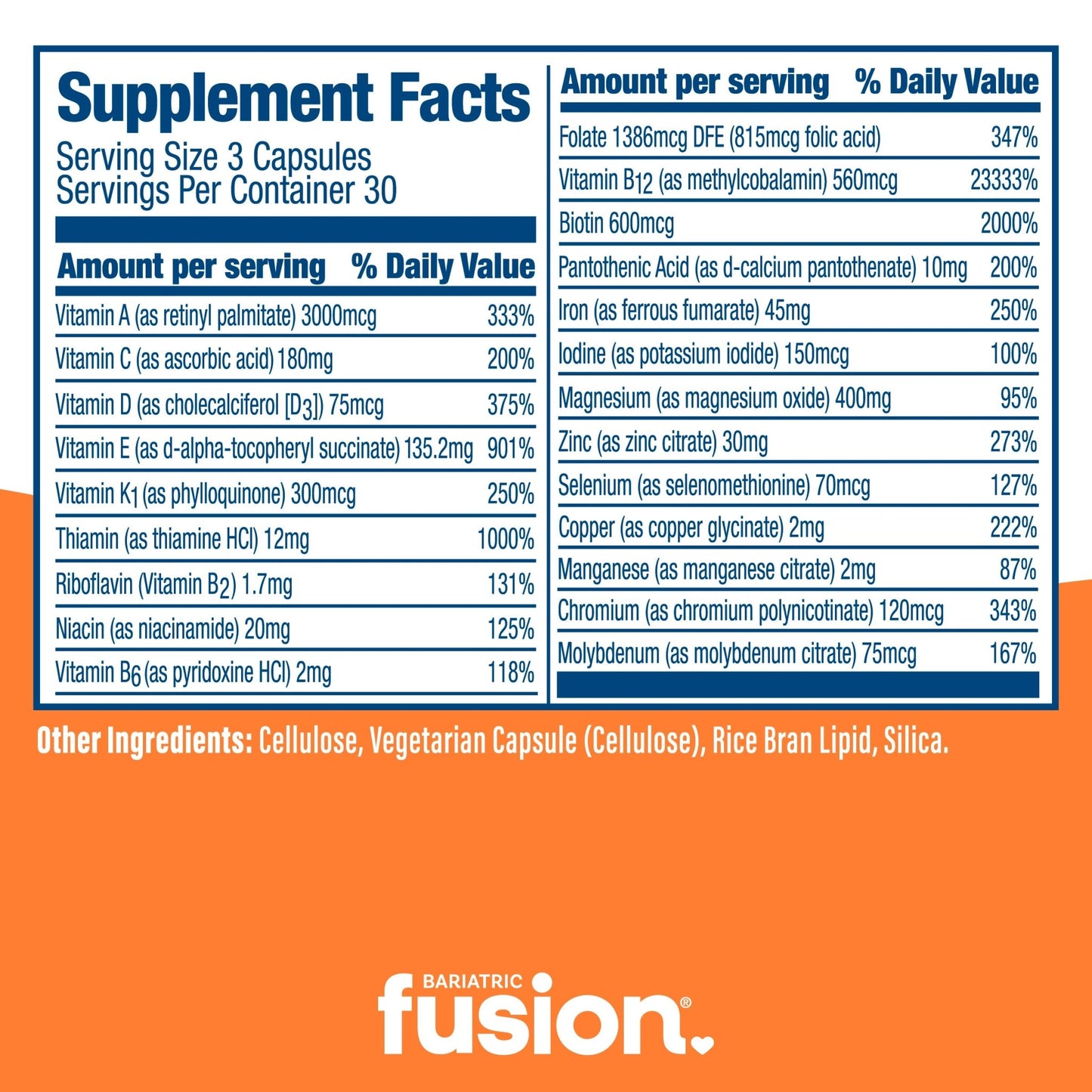 Bariatric Fusion high ADEK Multivitamin Capsules with Iron bundle supplement facts.