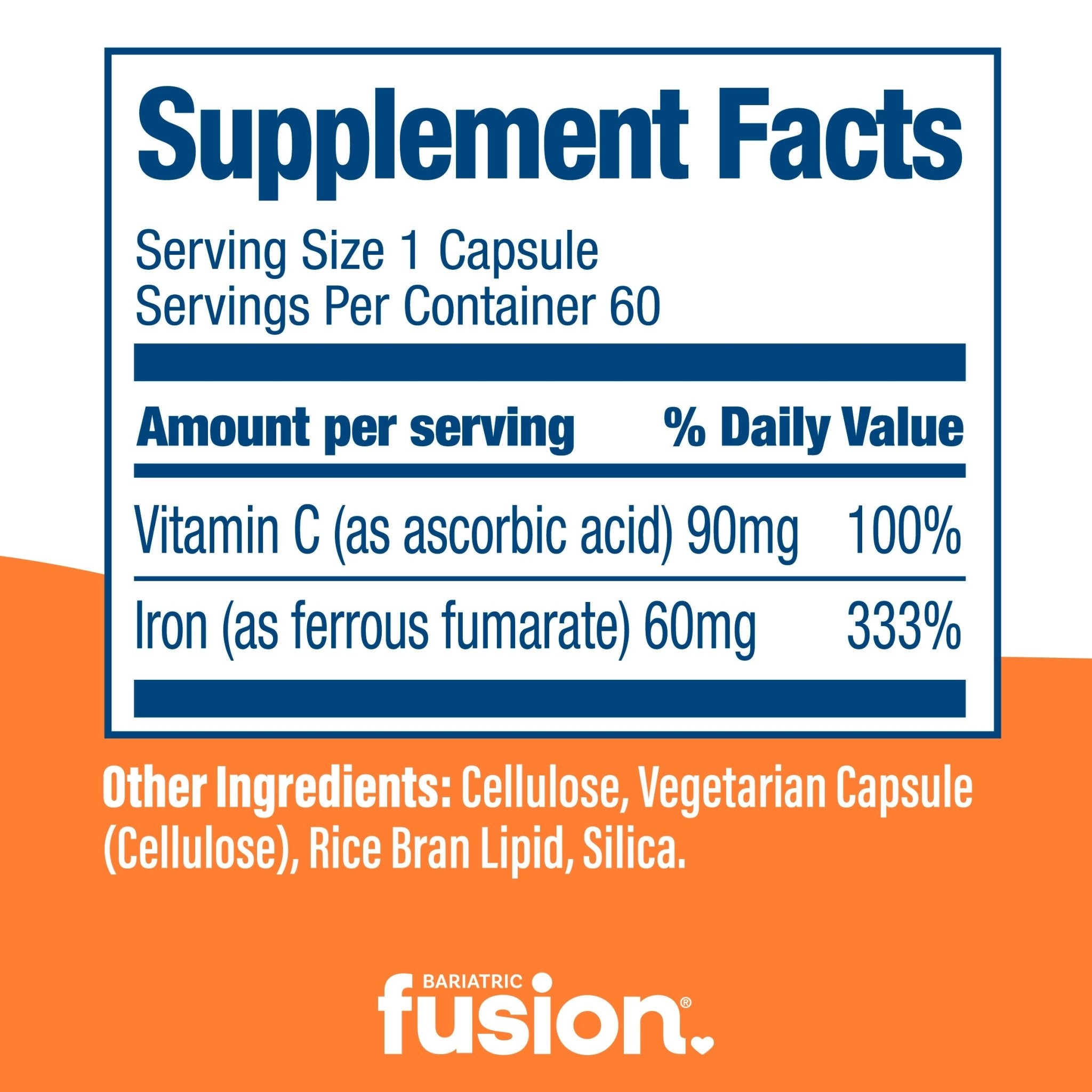 Bariatric Iron Capsule with Vitamin C 45mg Iron supplement facts.