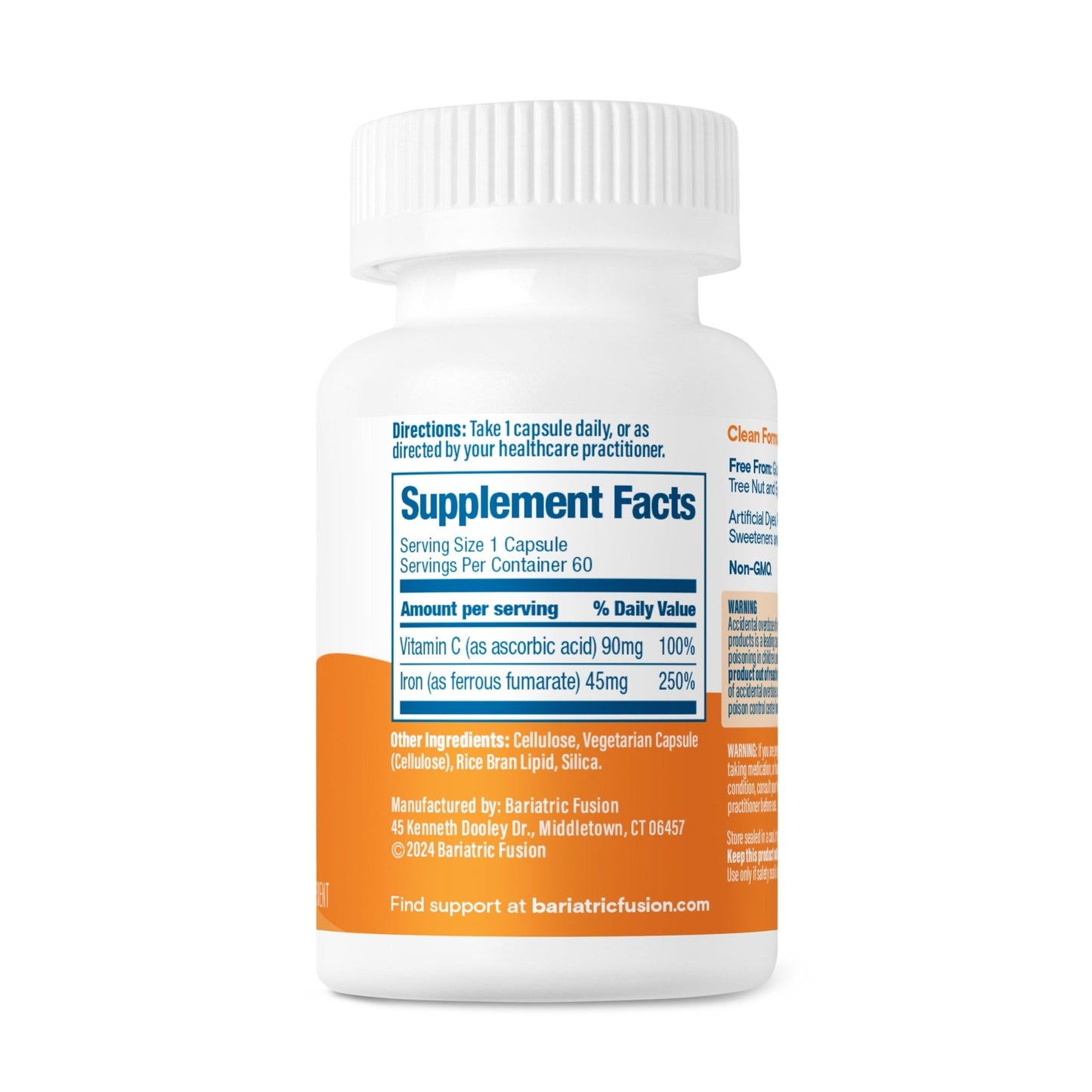 Bariatric Iron Capsule with Vitamin C 45mg iron directions, other ingredients, and servings.