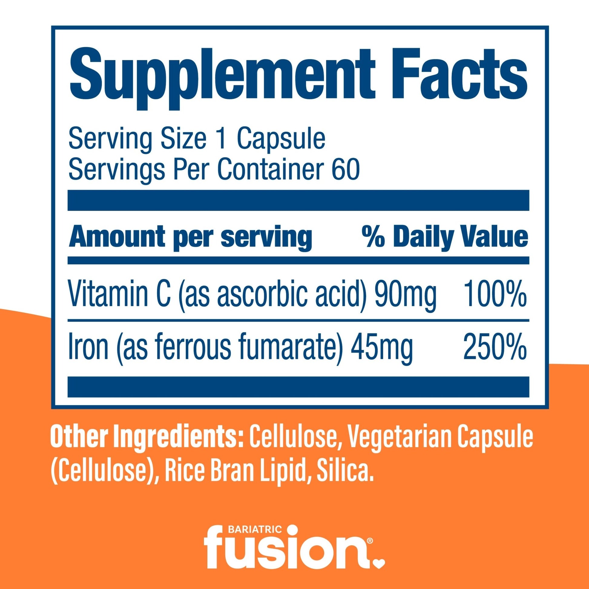 Bariatric Iron Capsule with Vitamin C 60mg Iron supplement facts.