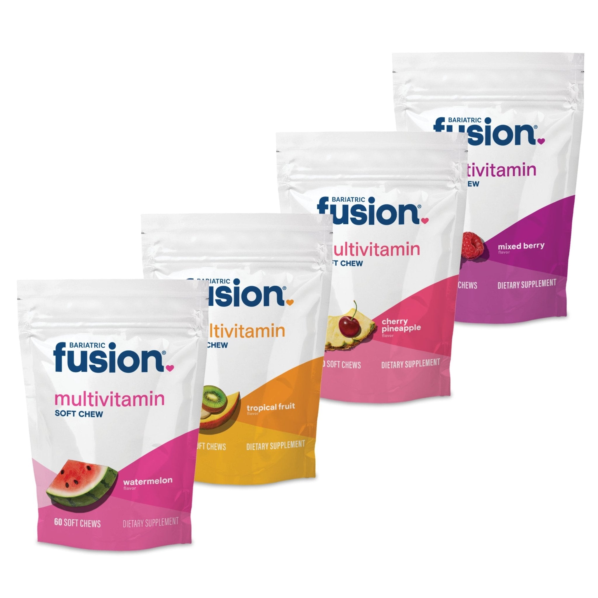 Bariatric Fusion Soft Chew Bariatric Multivitamin Variety Pack in watermelon, tropical fruit, cherry-pineapple and mixed berry.