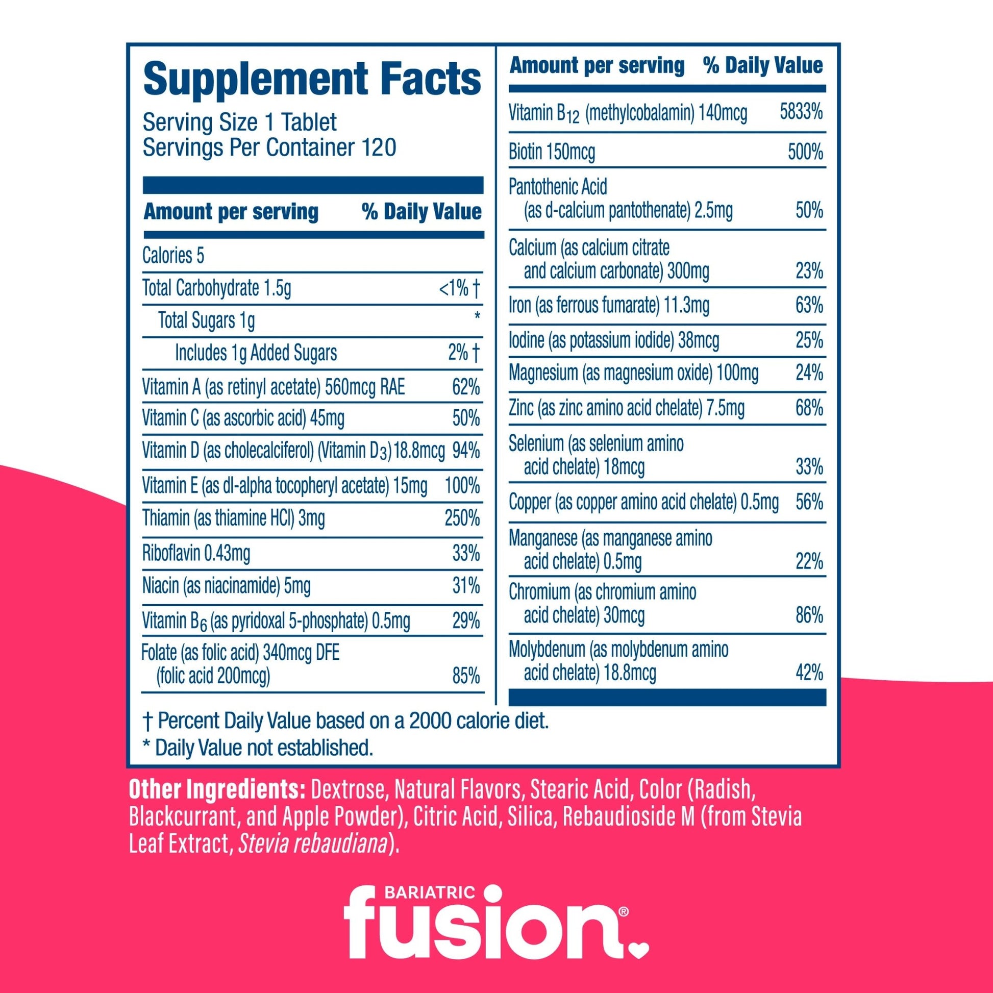 Bariatric Fusion Wild Cherry Complete Chewable Bariatric Multivitamin bundle supplement facts and ingredients.