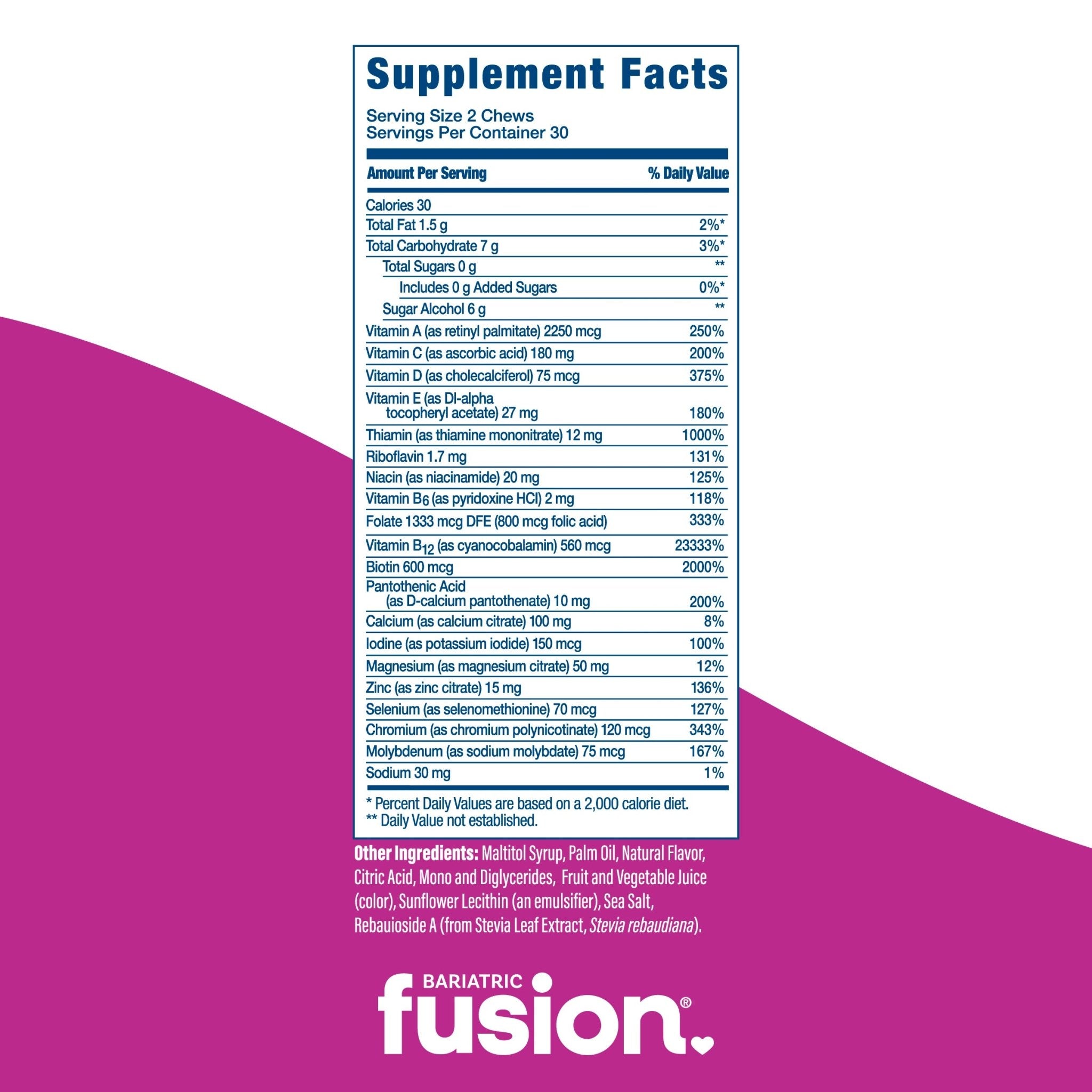 Bariatric Fusion Mixed Berry Bariatric Multivitamin Soft Chew Bundle supplement facts and other ingredients.