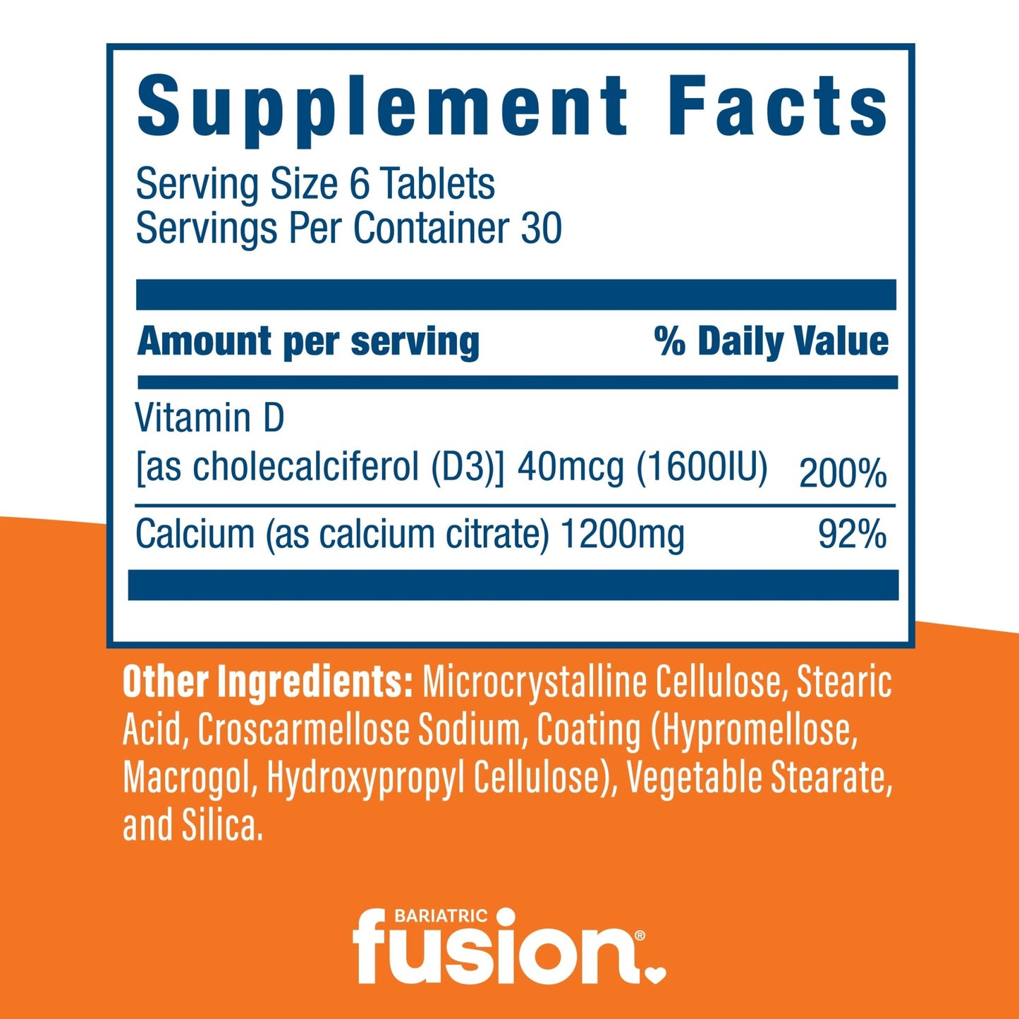 Bariatric Fusion Calcium Citrate with Vitamin D3 supplement facts.