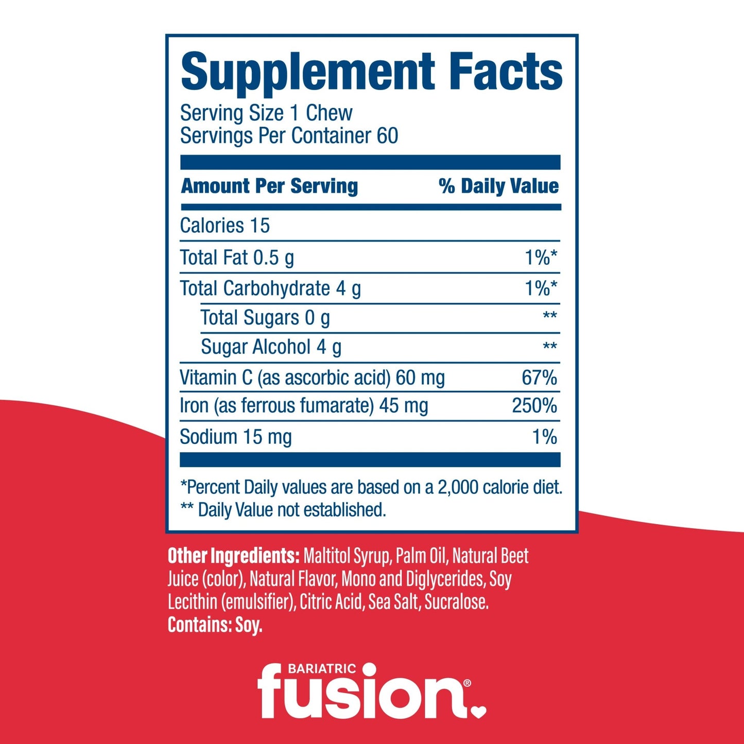 Cherry Bariatric Iron Soft Chew with Vitamin C supplement facts.