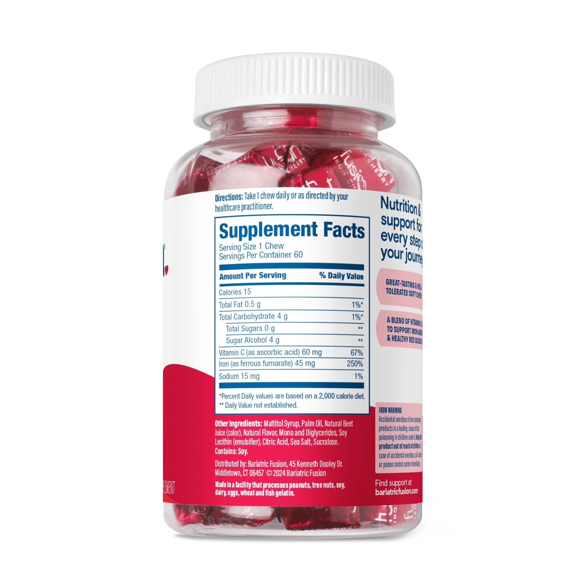 Cherry Bariatric Iron Soft Chew with Vitamin C directions and servings details.