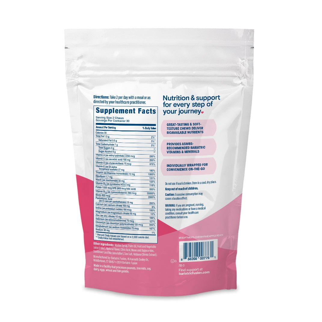 Bariatric Fusion Cherry Pineapple Bariatric Multivitamin Soft Chews directions, servings and ingredients.