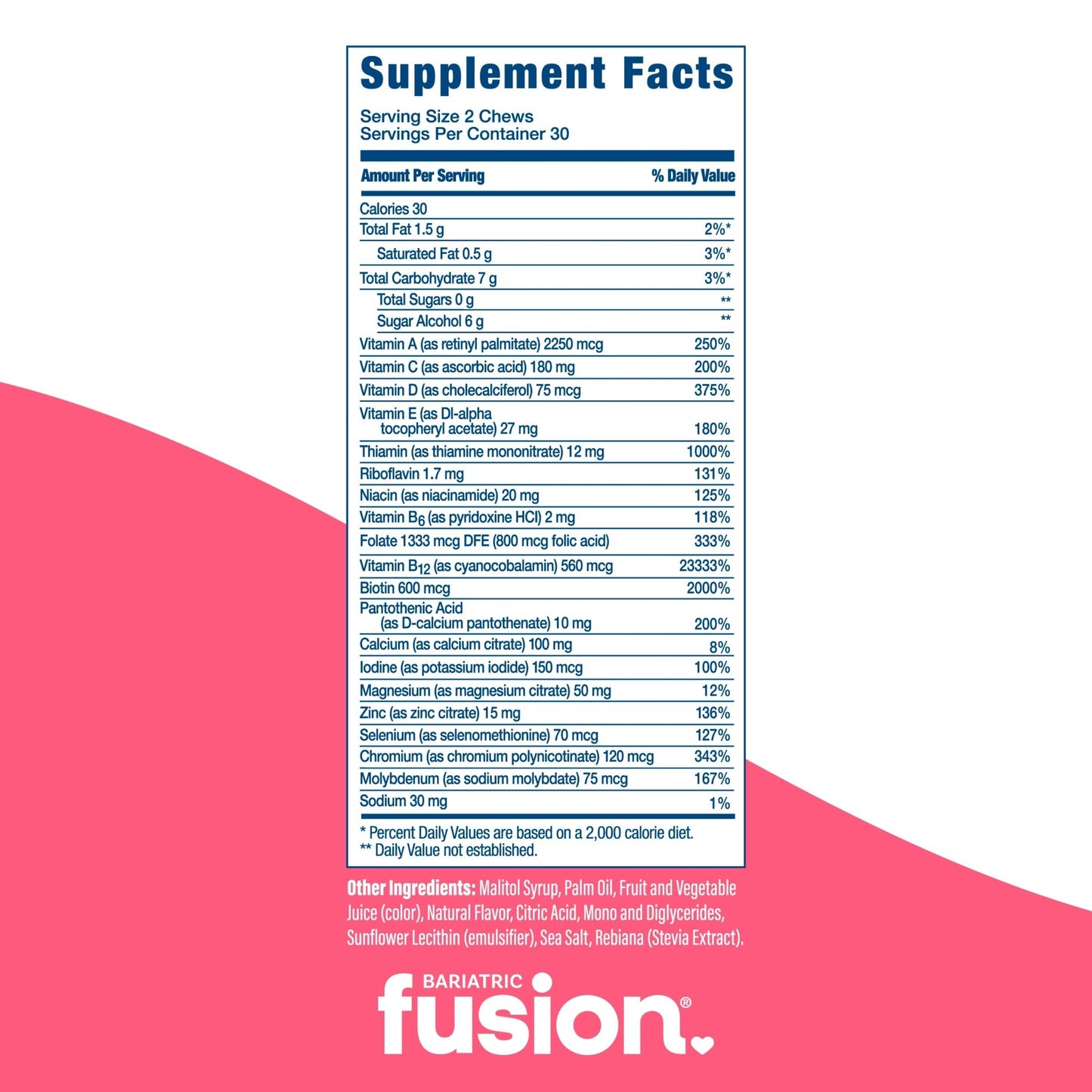 Bariatric Fusion Cherry Pineapple Bariatric Multivitamin Soft Chews supplement facts.
