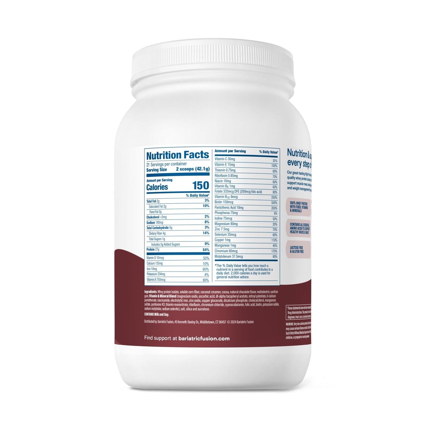 Bariatric Fusion Chocolate High Protein Meal Replacement servings and ingredients.