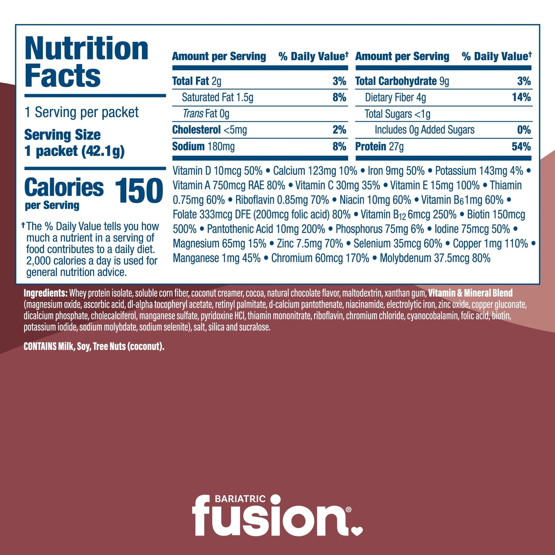 Bariatric Fusion Chocolate High Protein Meal Replacement single serving sample nutrition facts and ingredients.