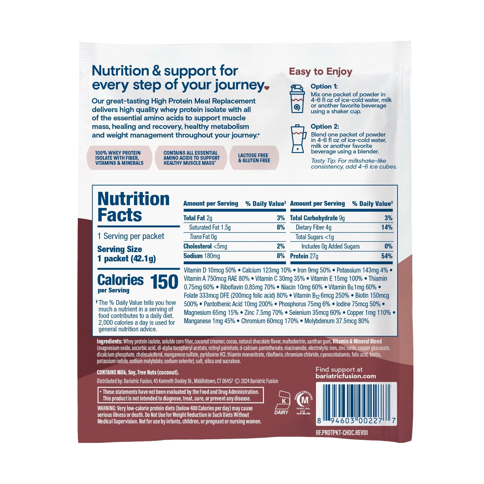 Bariatric Fusion Chocolate High Protein Meal Replacement single serving sample directions and UPC.