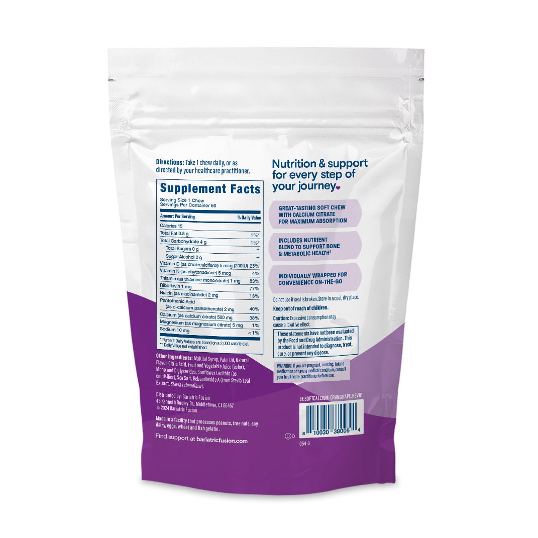 Cran-Grape Bariatric Calcium Citrate Soft Chews directions, servings, ingredients and UPC.
