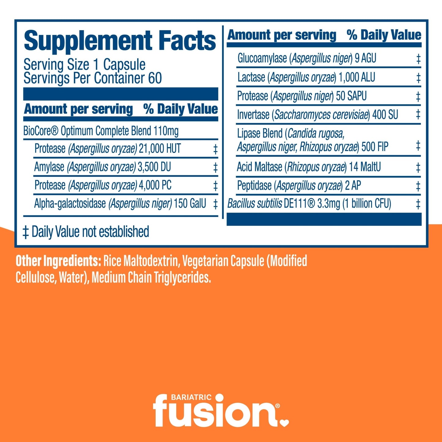 Bariatric Fusion Digestive Support supplement facts.