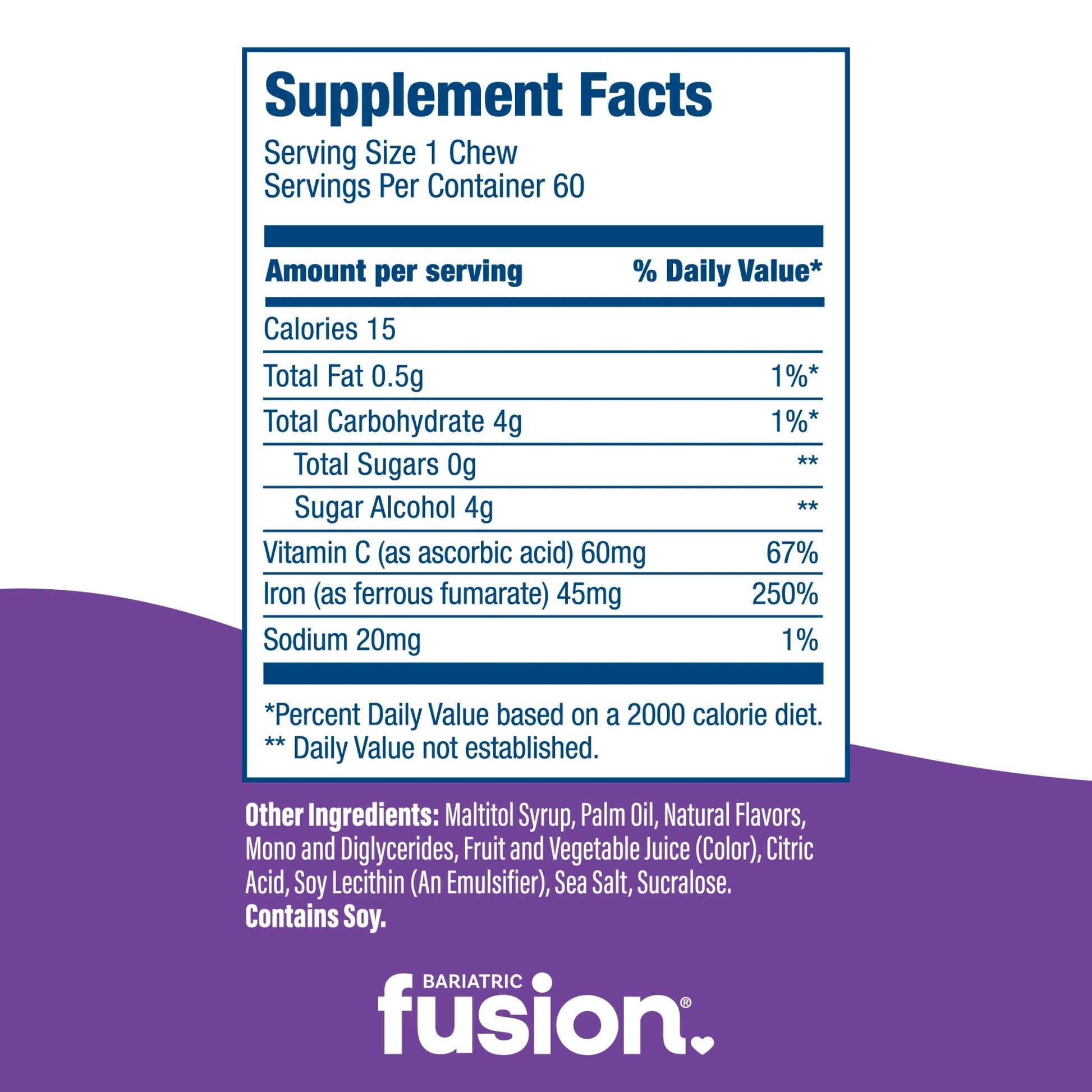 Grape Bariatric Iron Soft Chew with Vitamin C supplement facts.