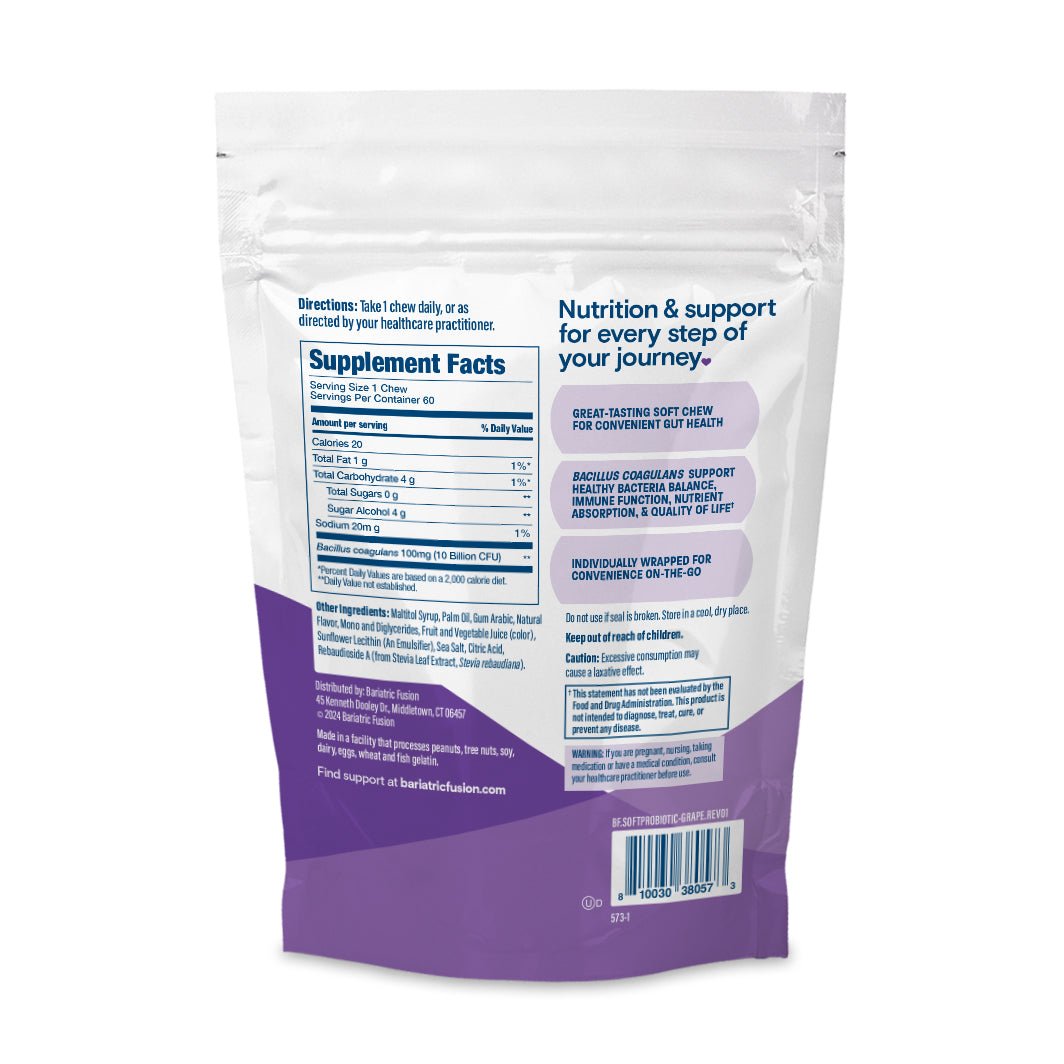 Bariatric Fusion Grape Probiotic Soft Chew directions, servings and UPC.