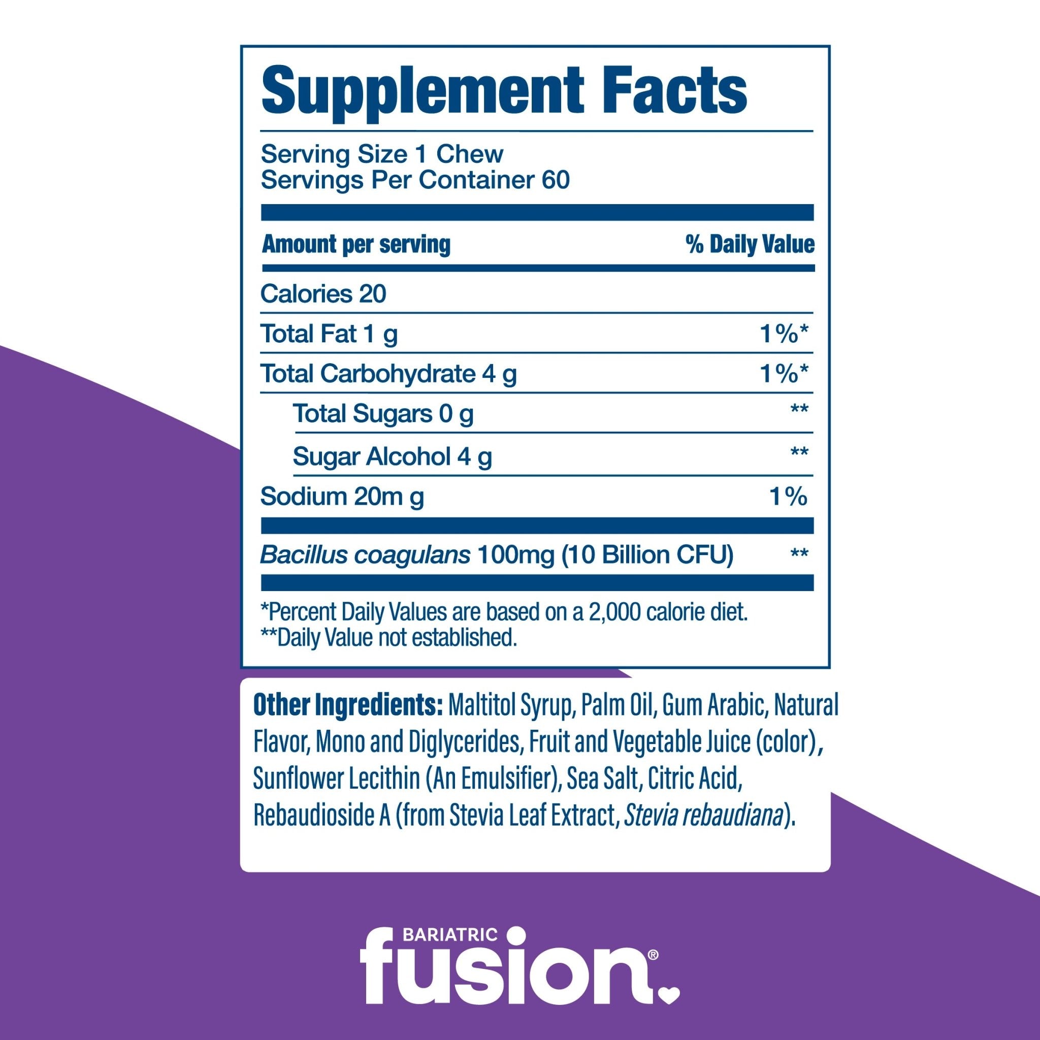 Bariatric Fusion Grape Probiotic Soft Chew supplement facts.