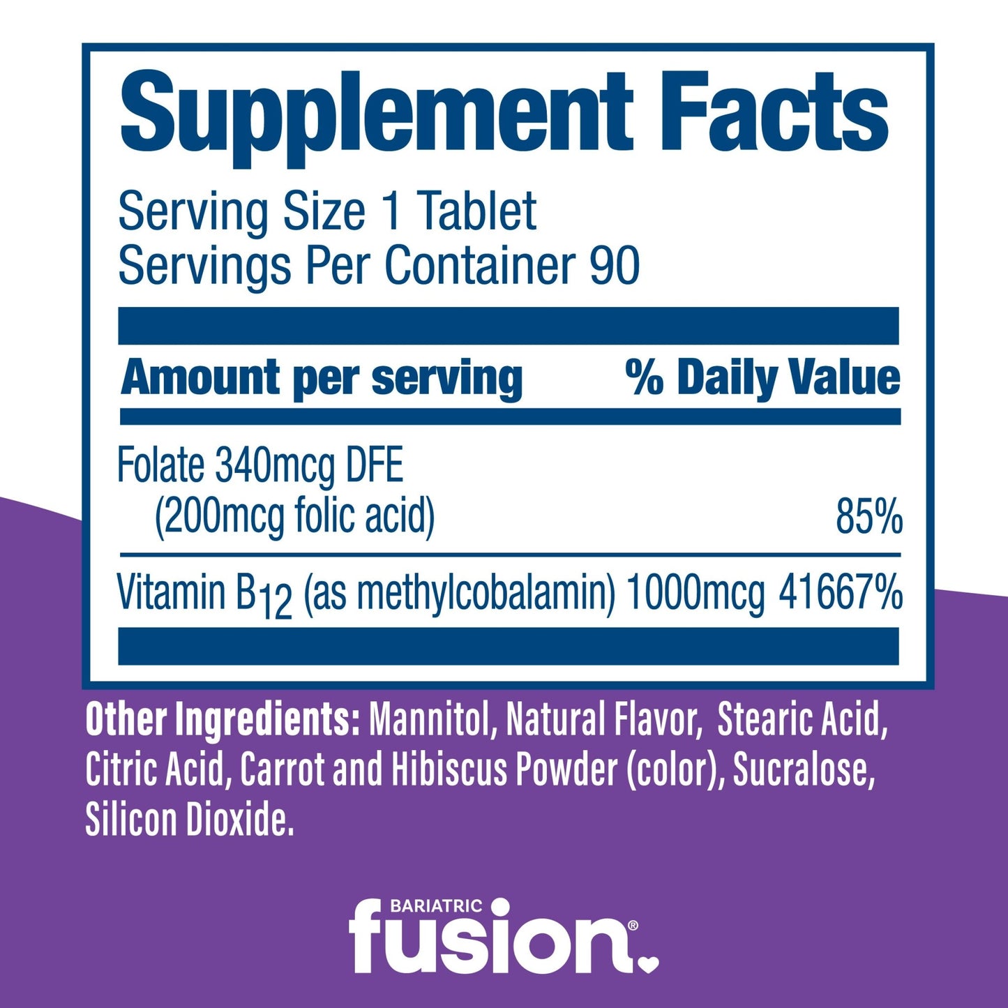 Bariatric Fusion Grape Vitamin B12 Quick Melt 90 chewable tablet supplement facts.