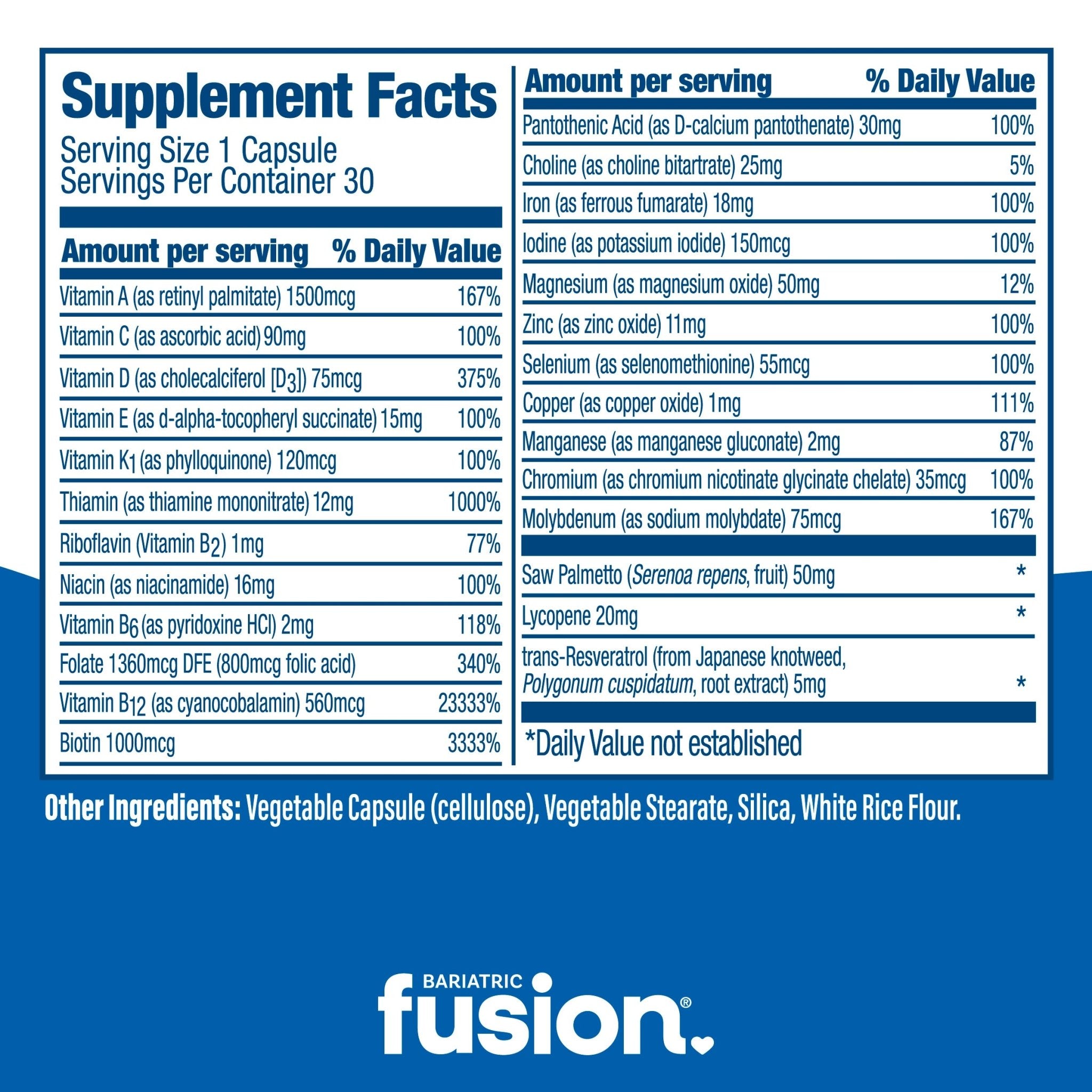 Bariatric Fusion Men’s One Per Day Bariatric Multivitamin 30 capsules supplement facts.