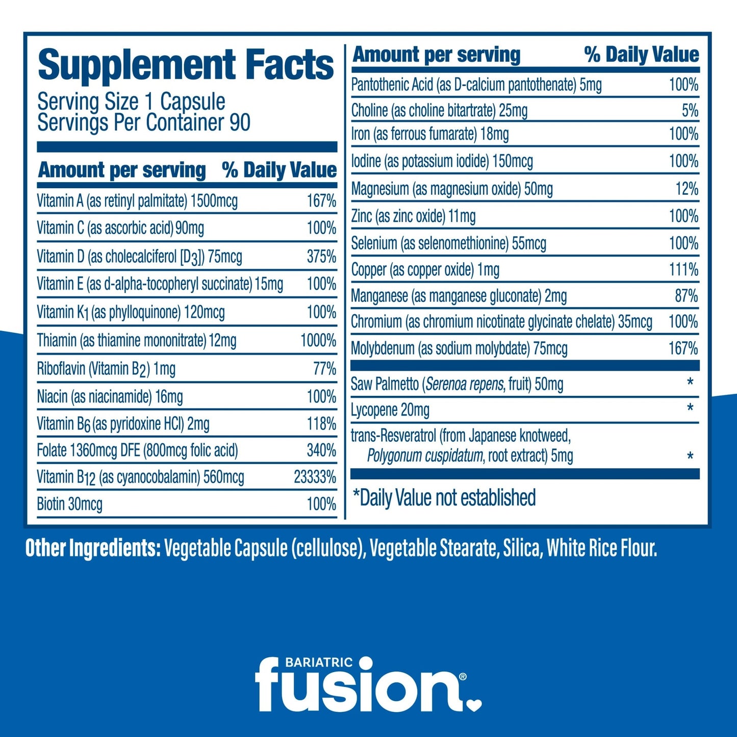 Bariatric Fusion Men’s One Per Day Bariatric Multivitamin 90 capsules supplement facts.