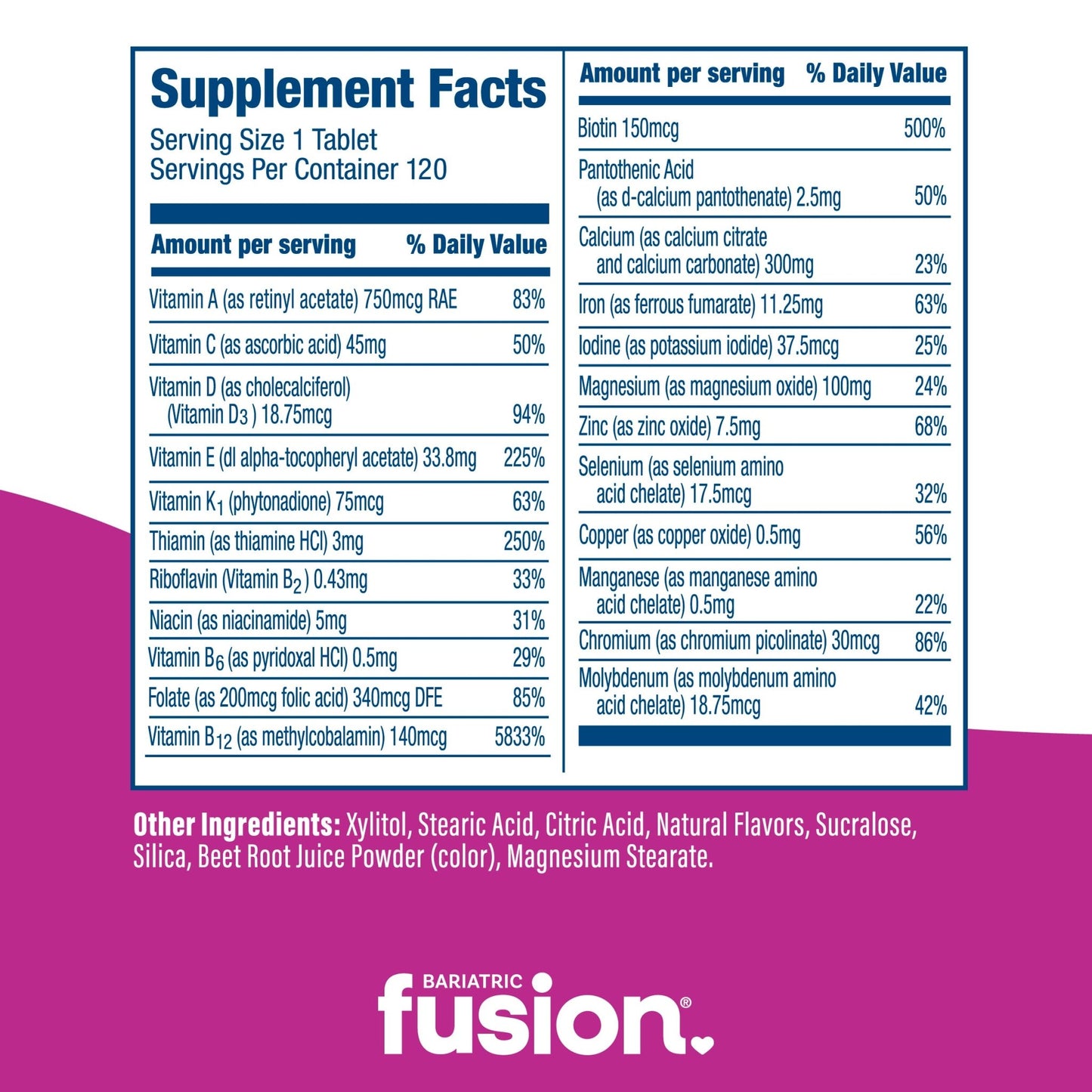 Bariatric Fusion Mixed Berry Complete Chewable Bariatric Multivitamin ADEK supplement facts.