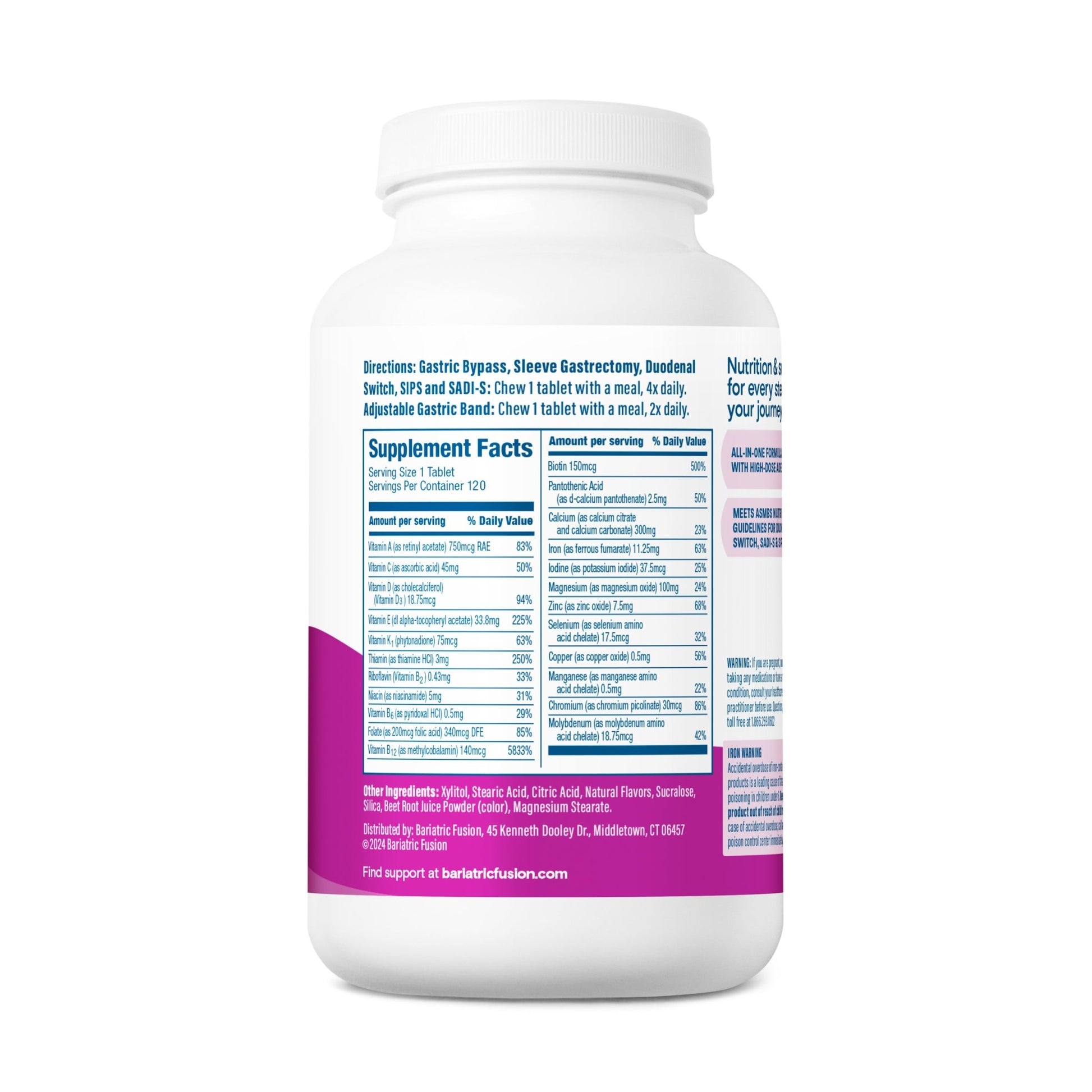 Bariatric Fusion Mixed Berry Complete Chewable Bariatric Multivitamin ADEK directions, servings and ingredients.