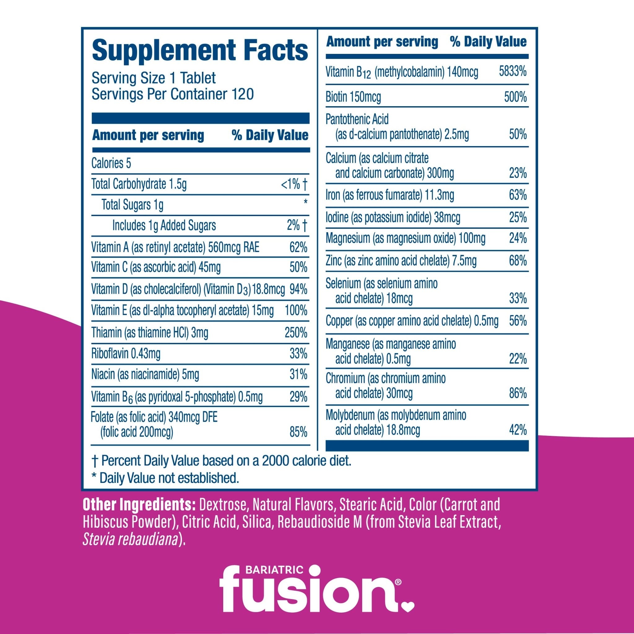 Bariatric Fusion Mixed Berry Complete Chewable Bariatric Multivitamin supplement facts.