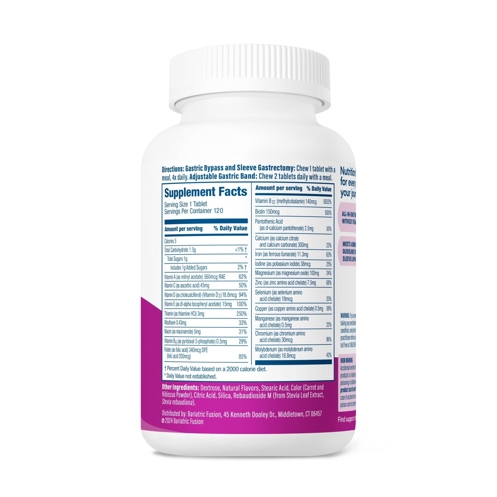 Bariatric Fusion Mixed Berry Complete Chewable Bariatric Multivitamin directions, servings, and ingredients.