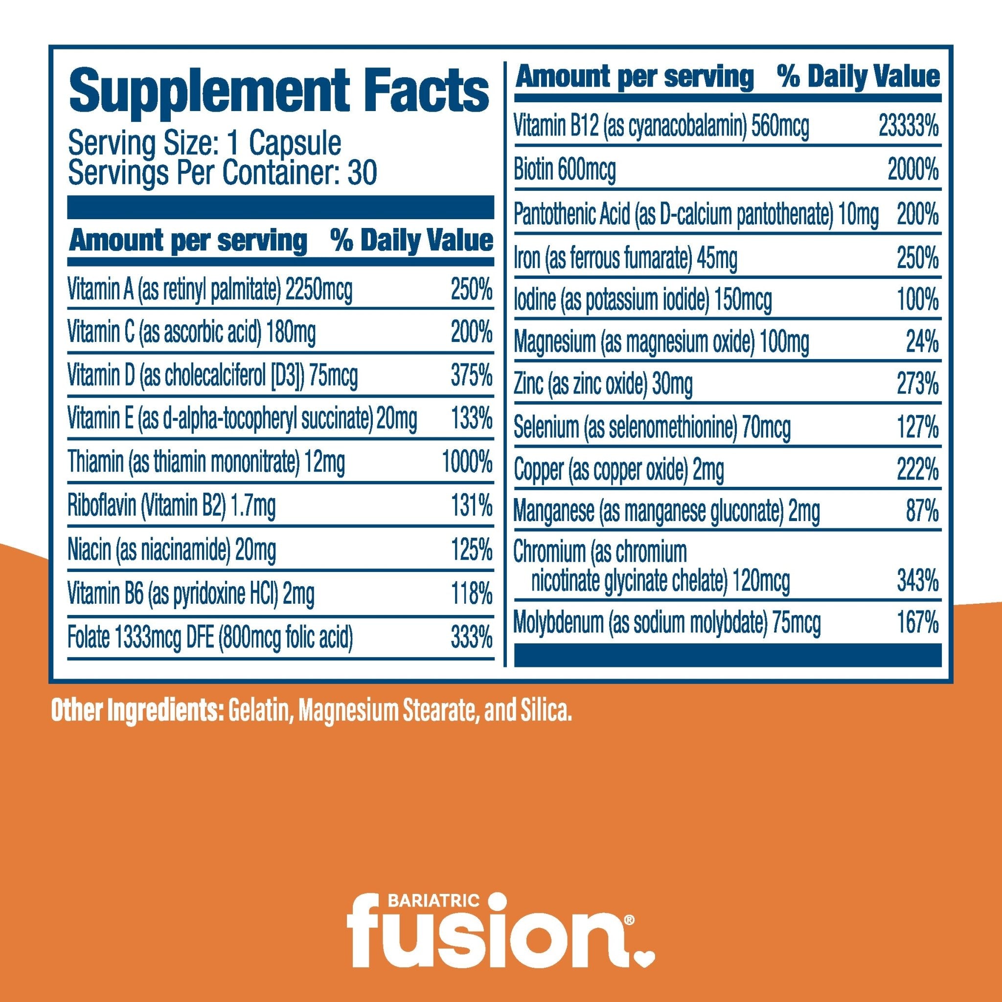 One Per Day Bariatric Multivitamin With Iron 30 capsules supplement facts.