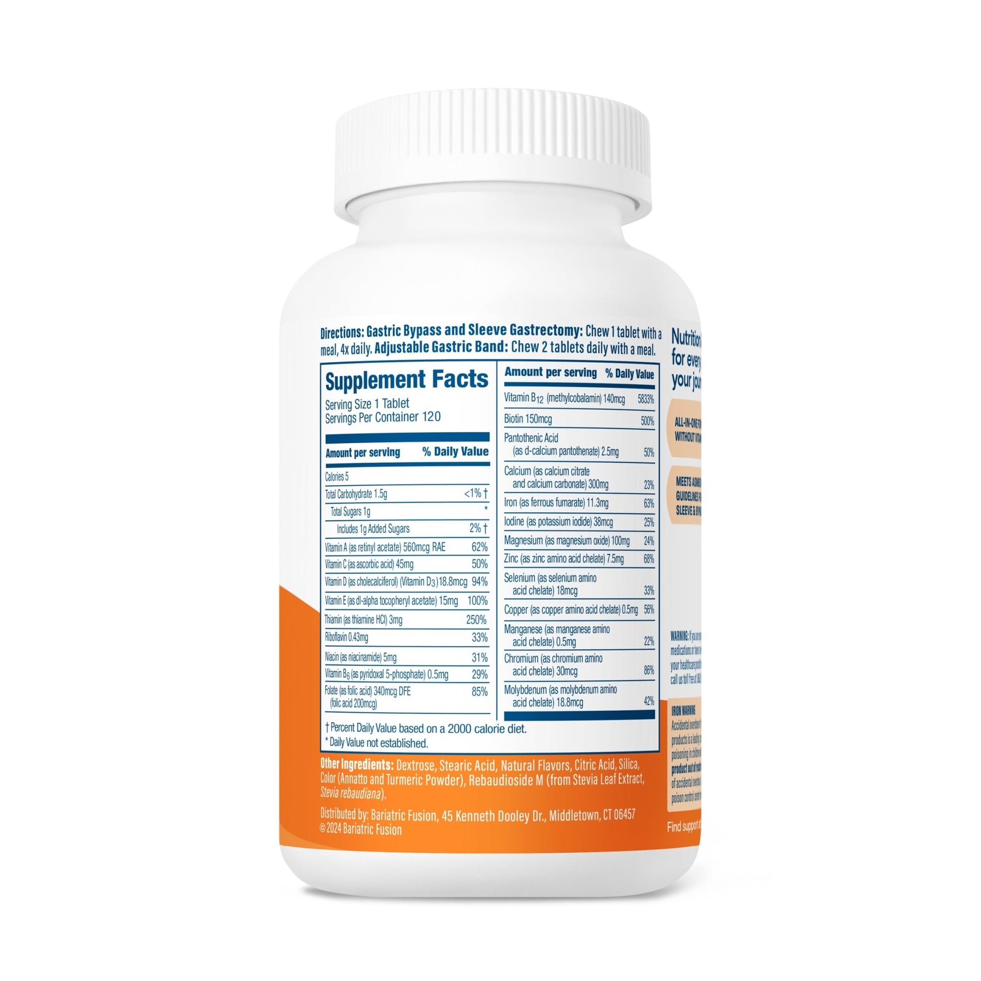 Bariatric Fusion Orange Cream Complete Chewable Bariatric Multivitamin directions, servings and ingredients.