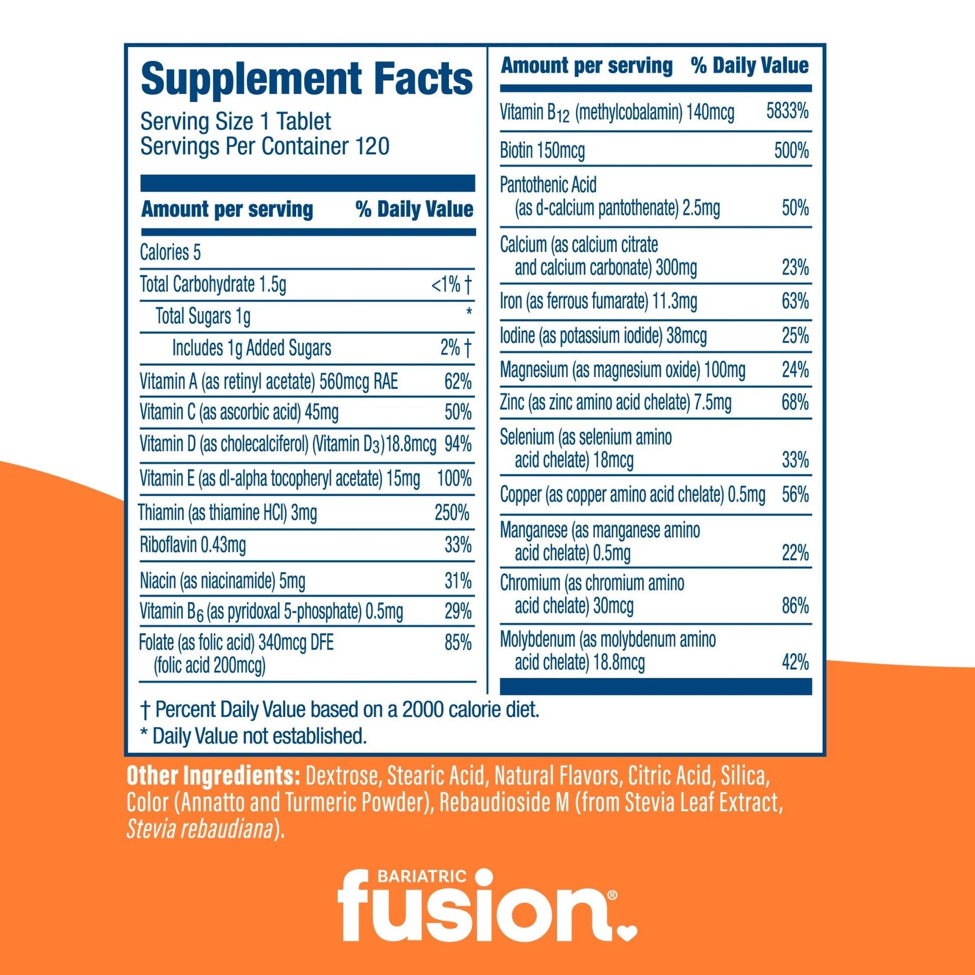 Bariatric Fusion Orange Cream Complete Chewable Bariatric Multivitamin supplement facts.