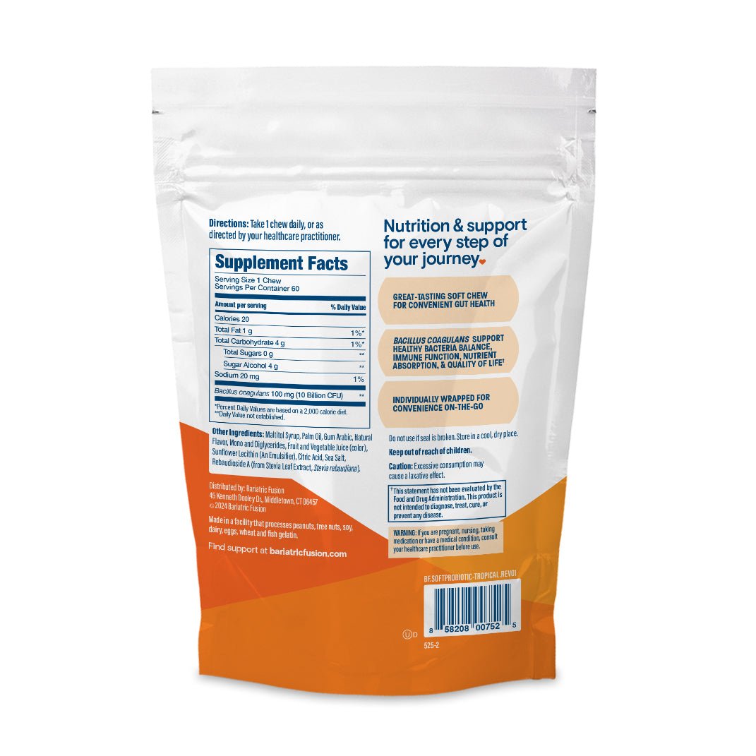 Bariatric Fusion Orange Tropical Probiotic Soft Chew directions, servings, and ingredients.