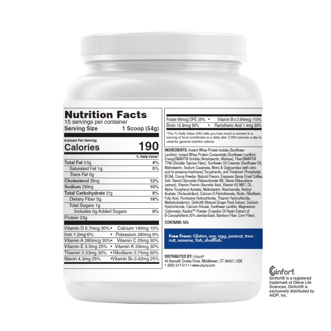 Unjury Protect and Restore Advanced Protein plus Chocolate Mocha Nutrition facts and ingredients.