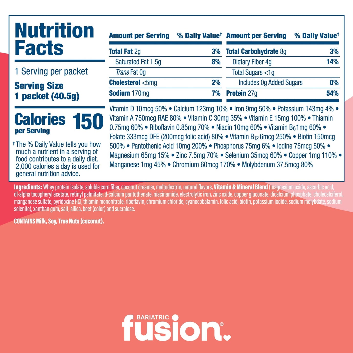 Bariatric Fusion Strawberry Banana High Protein Meal Replacement single serving nutrition facts.