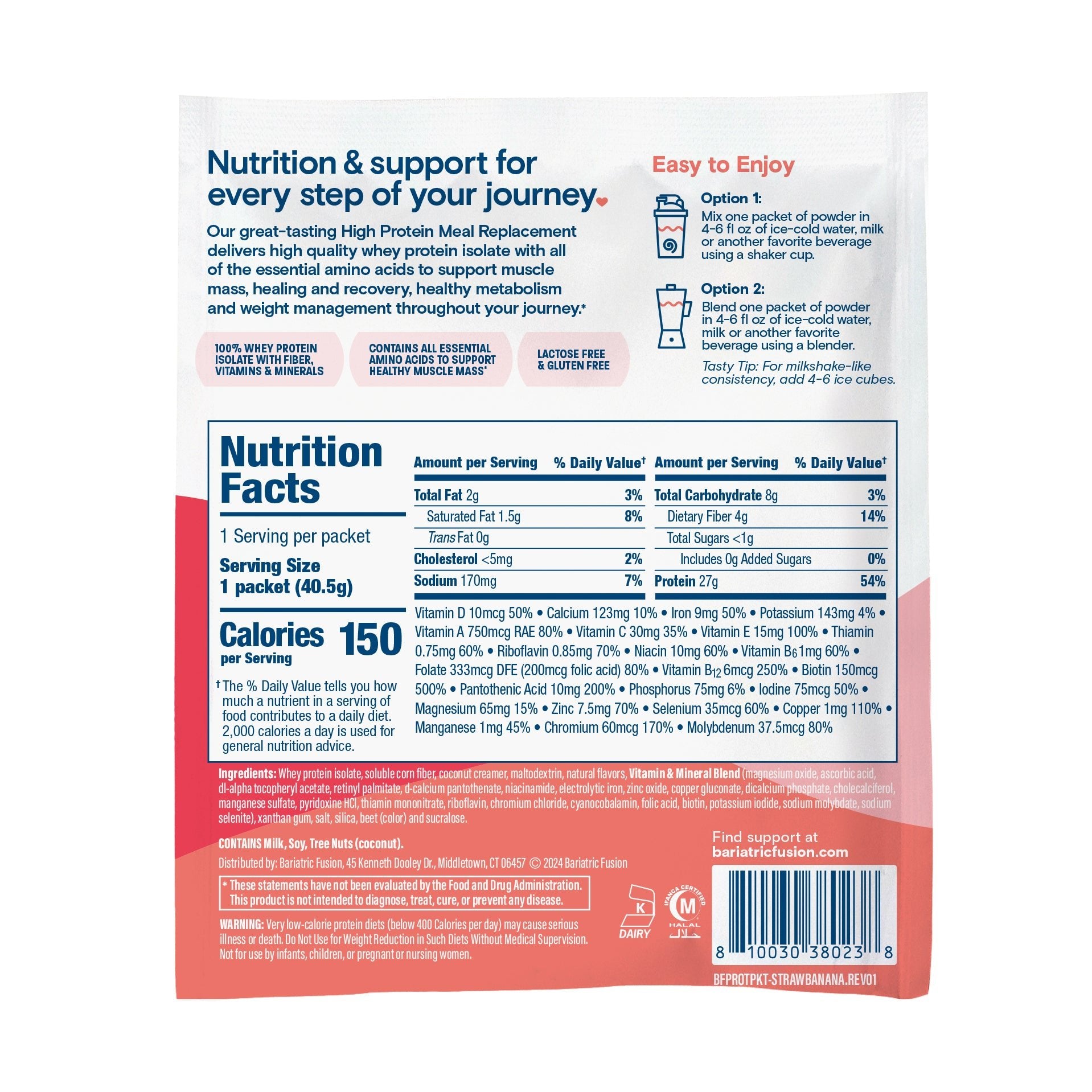 Bariatric Fusion Strawberry Banana High Protein Meal Replacement single serving directions.