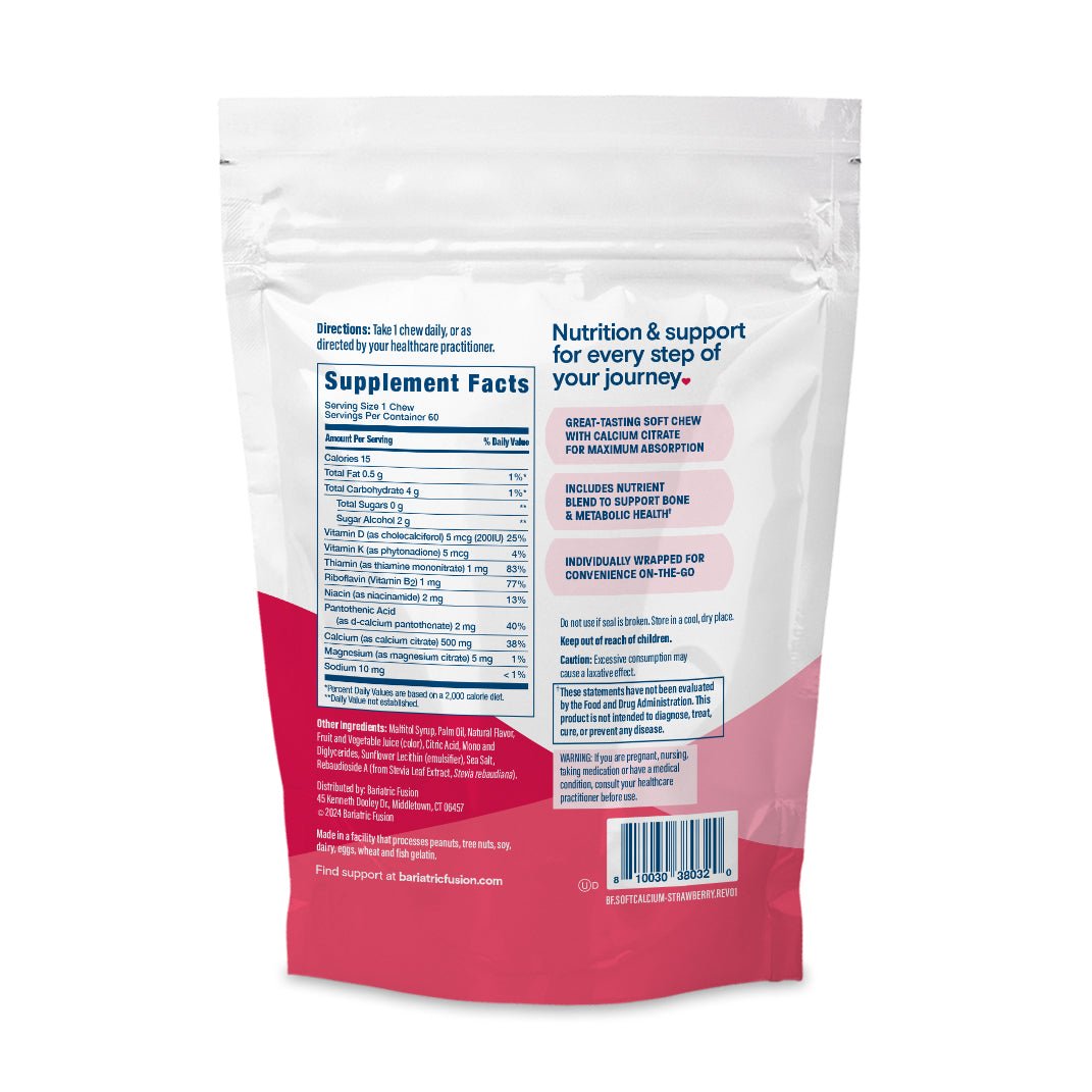 Strawberry Blast Bariatric Calcium Citrate Soft Chews directions, ingredients, and UPC.
