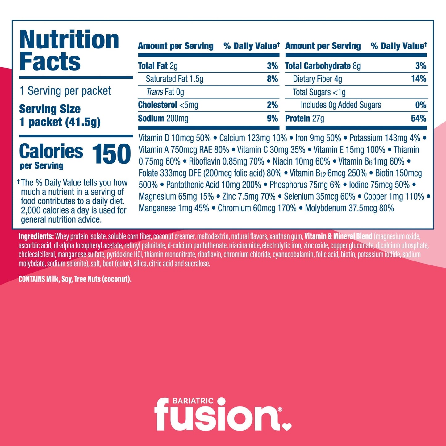 Bariatric Fusion Strawberry High Protein Meal Replacement single serving nutrition facts.