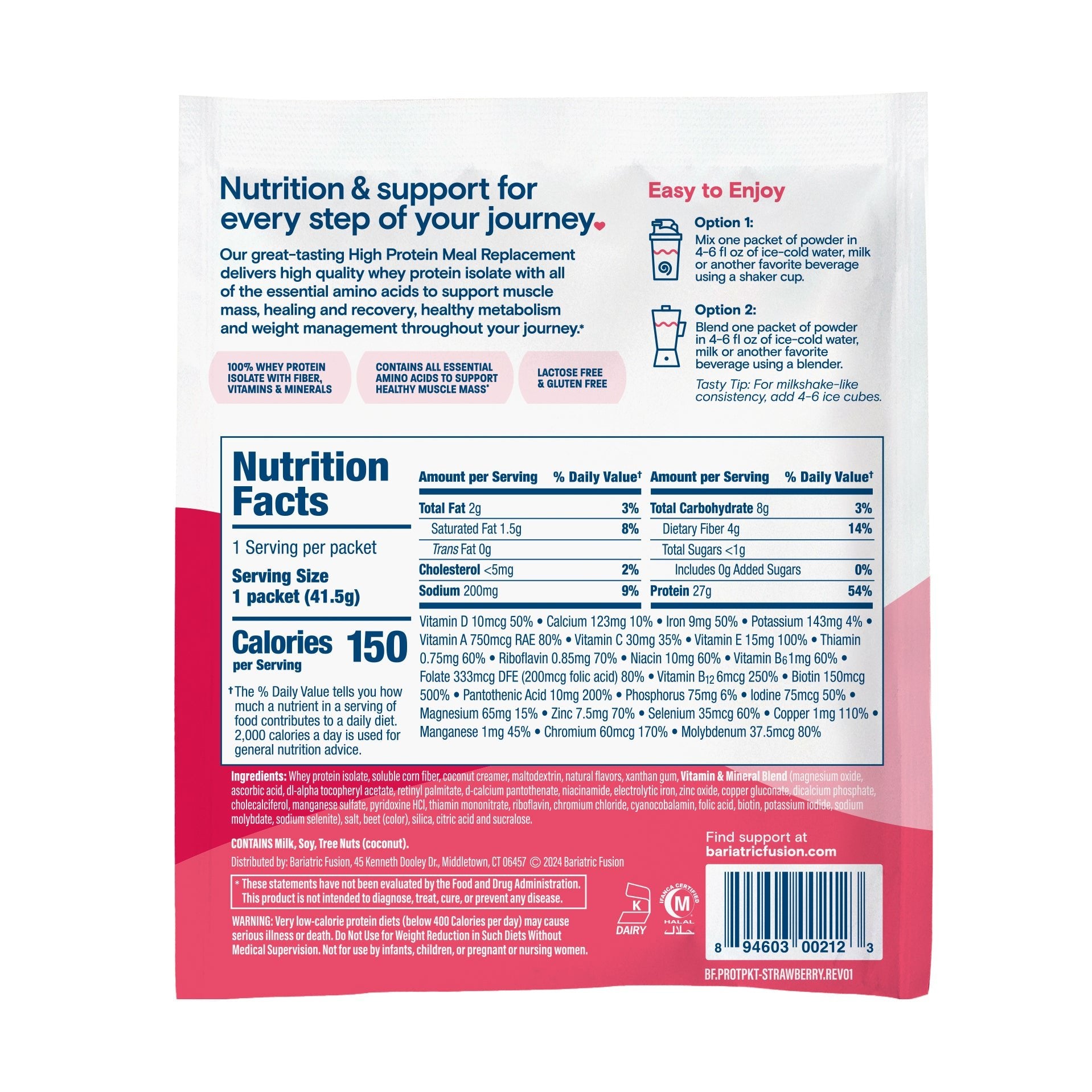 Bariatric Fusion Strawberry High Protein Meal Replacement single serving directions and ingredients.