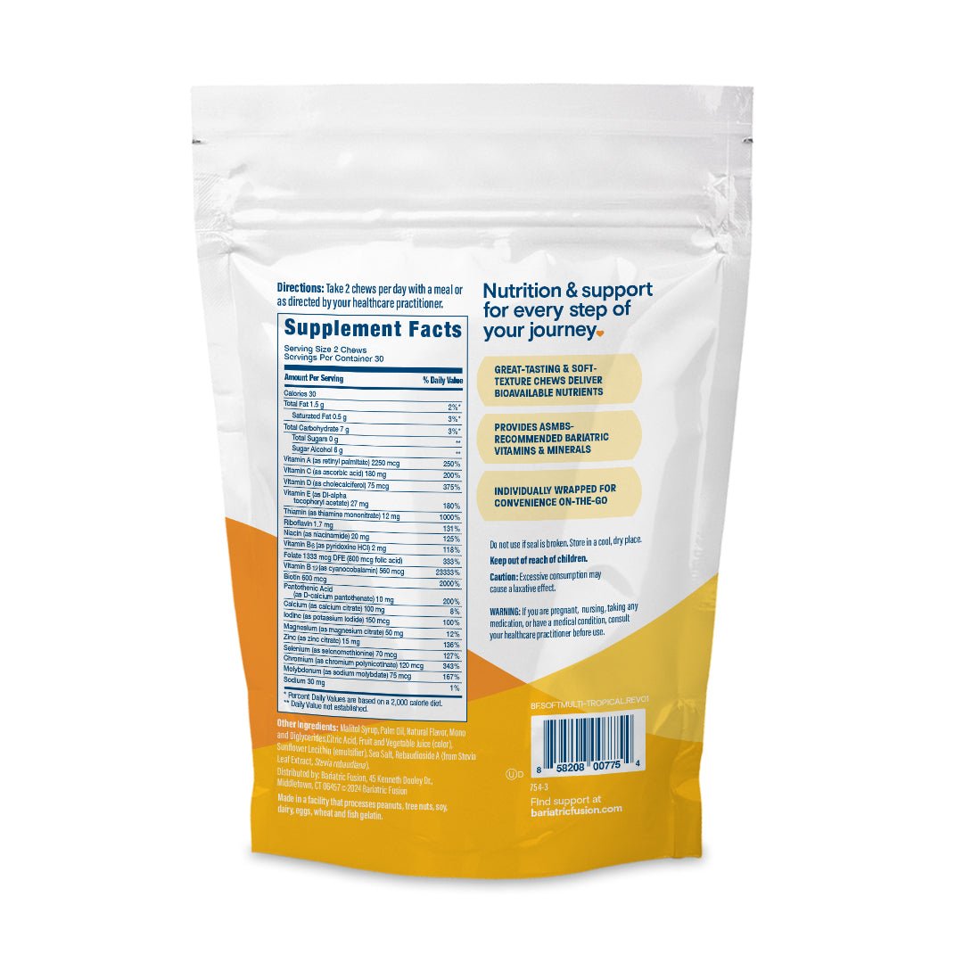 Bariatric Fusion Tropical Bariatric Multivitamin Soft Chew directions, servings and ingredients.