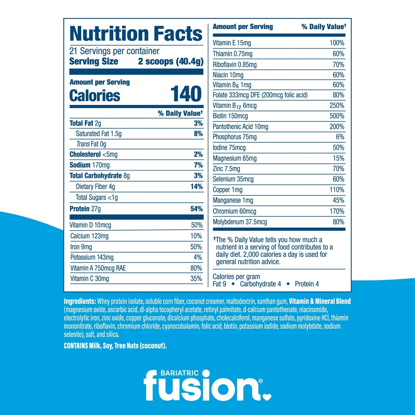 Bariatric Fusion Unflavored High Protein Meal Replacement nutrition facts.