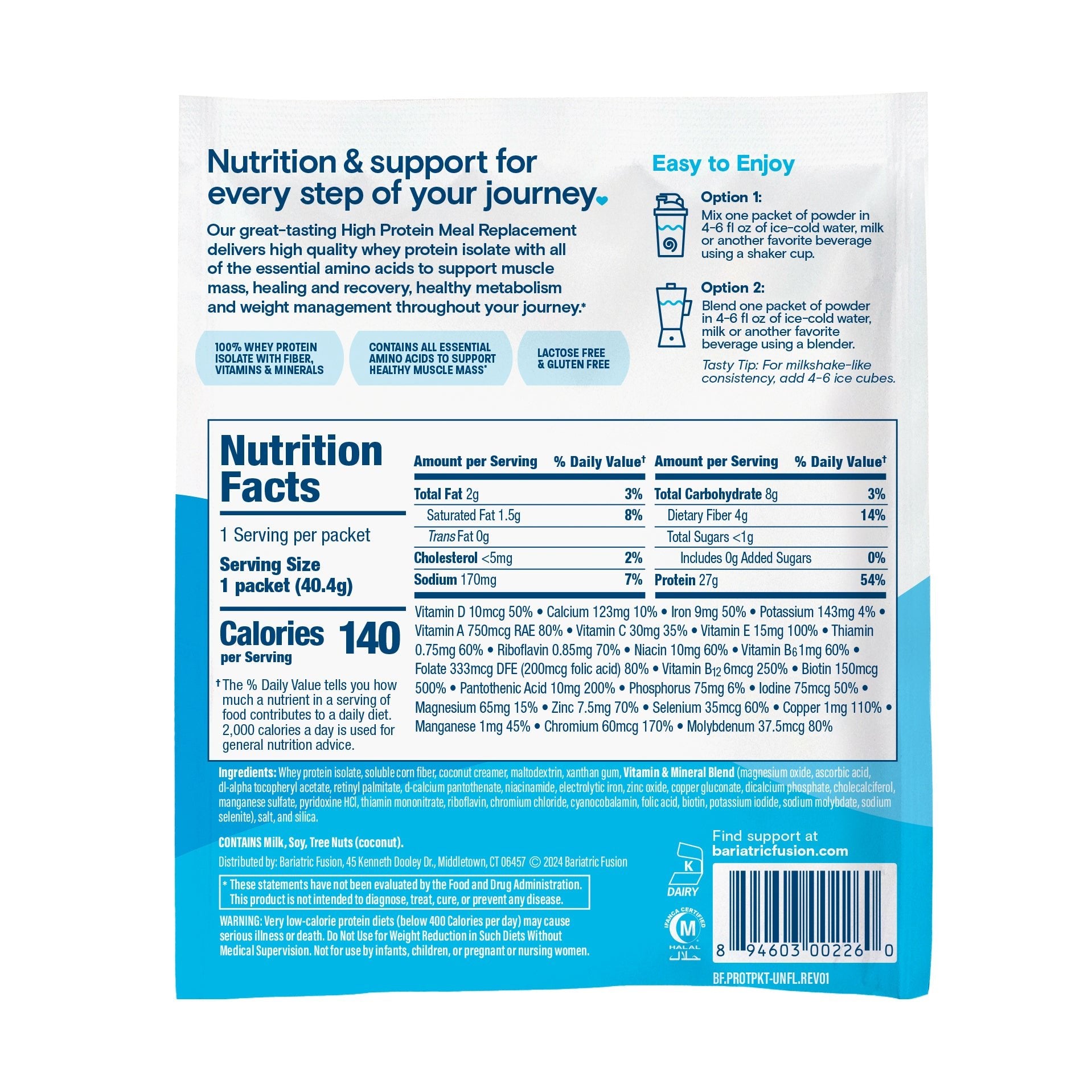 Bariatric Fusion Unflavored High Protein Meal Replacement single serving directions and ingredients.