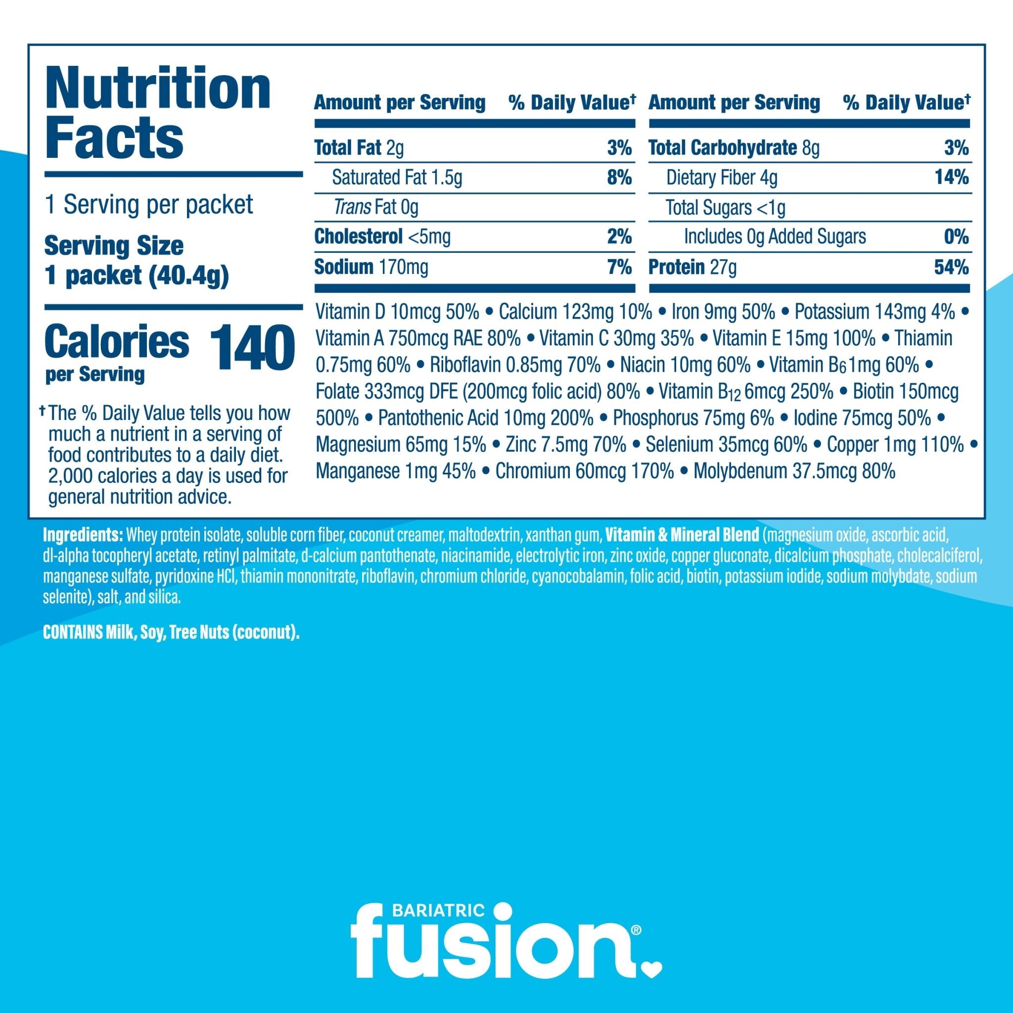 Bariatric Fusion Unflavored High Protein Meal Replacement single serving nutrition facts.
