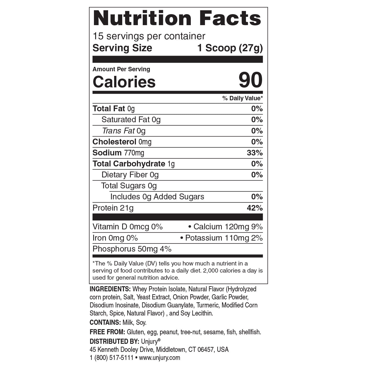 Unjury Chicken Soup High Whey Protein Powder Nutrition Facts panel.