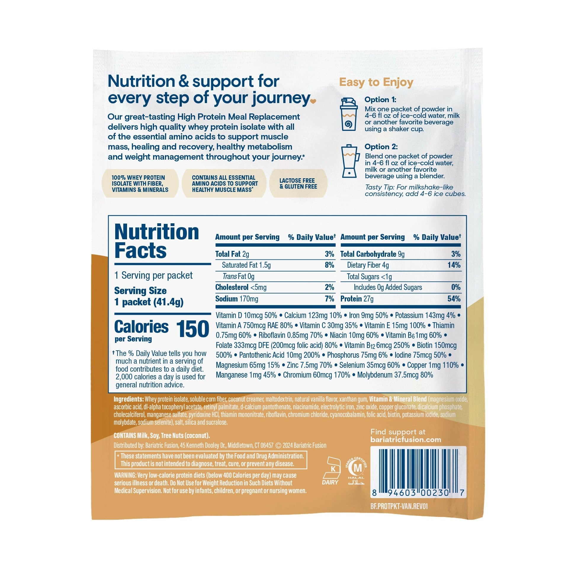 Vanilla High Protein Meal Replacement single serving ingredients and directions.