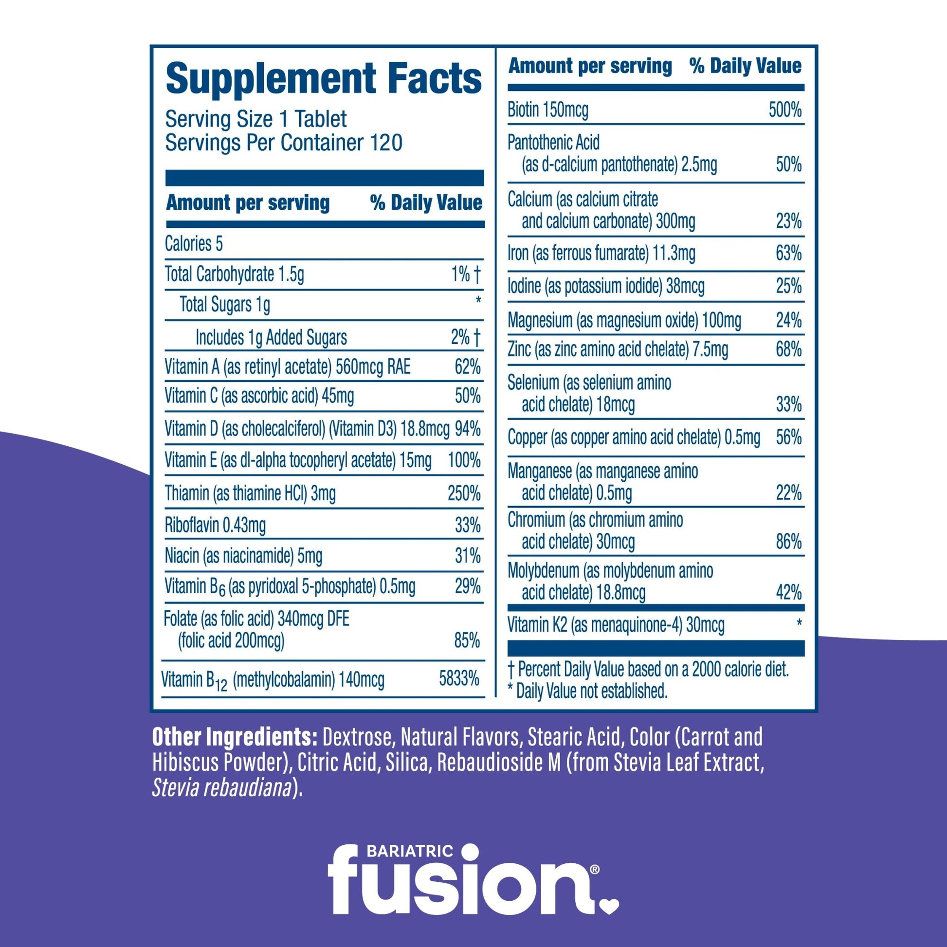 Bariatric Fusion Very Berry Complete Chewable Multivitamin with Vitamin K supplement facts.