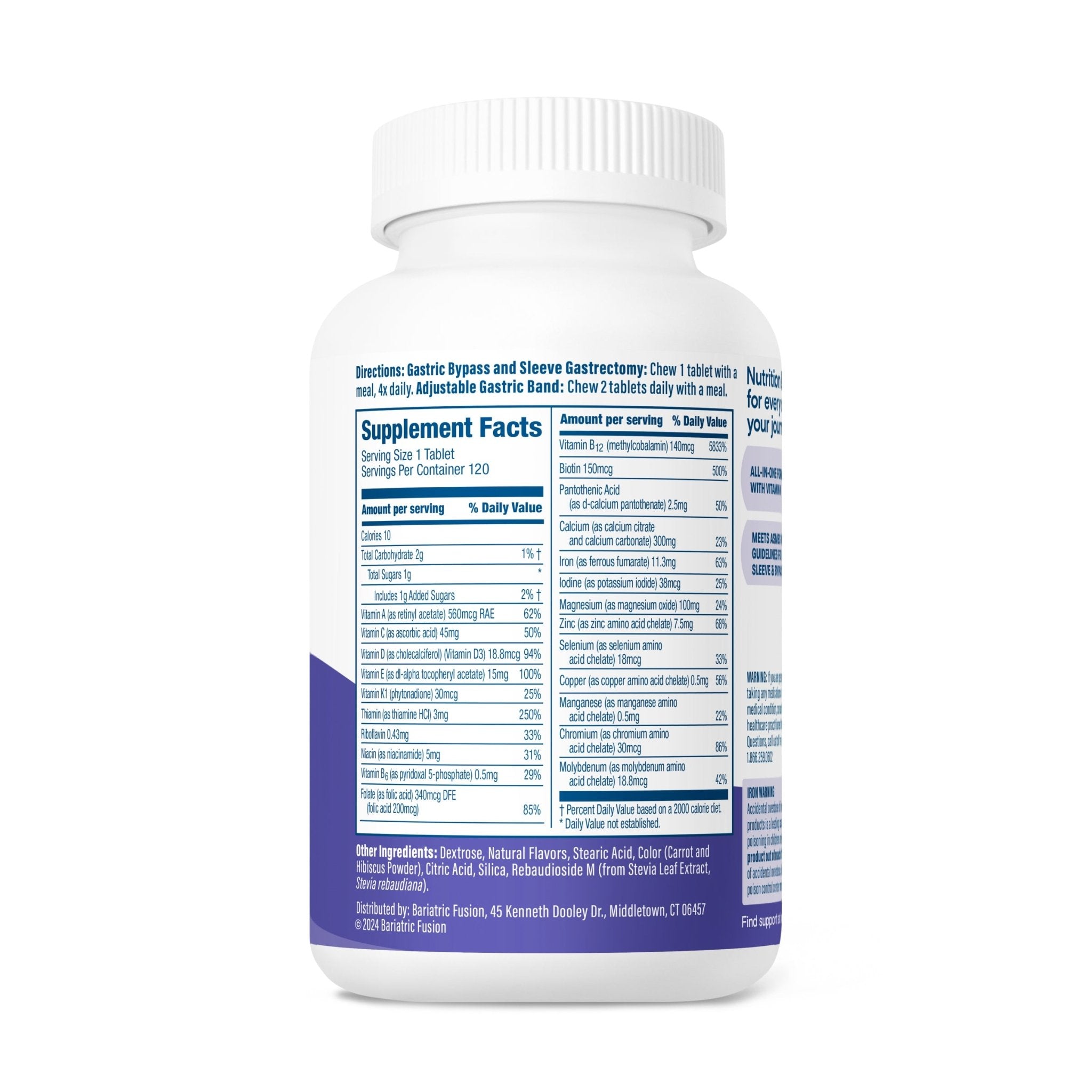 Bariatric Fusion Very Berry Complete Chewable Multivitamin with Vitamin K directions, servings, and ingredients.