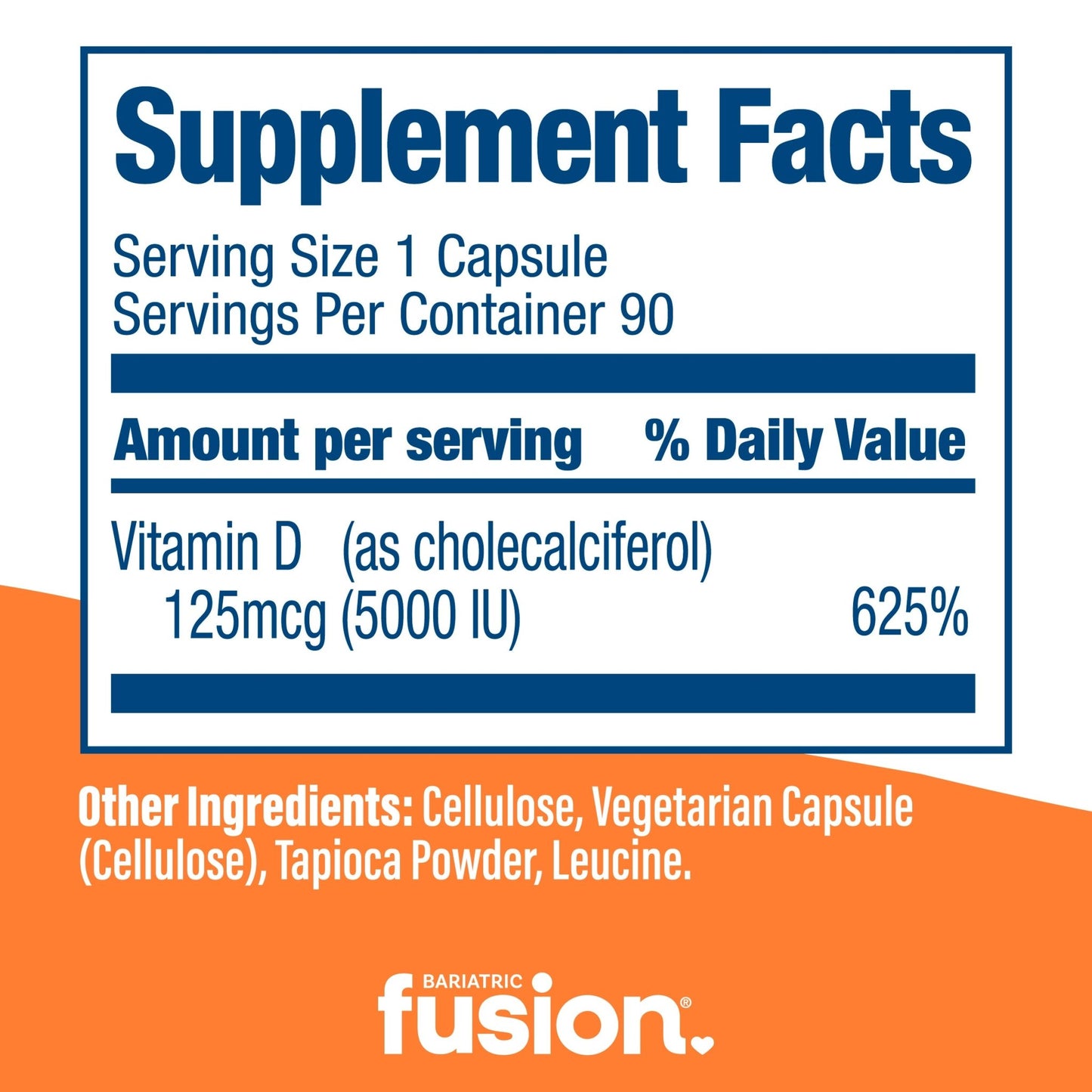 Bariatric Fusion Vitamin D 5000 IU capsules supplement facts.
