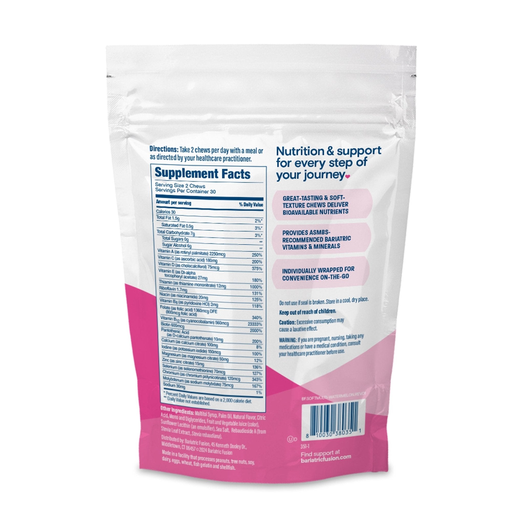 Bariatric Fusion Watermelon Bariatric Multivitamin Soft Chews ingredients and directions.