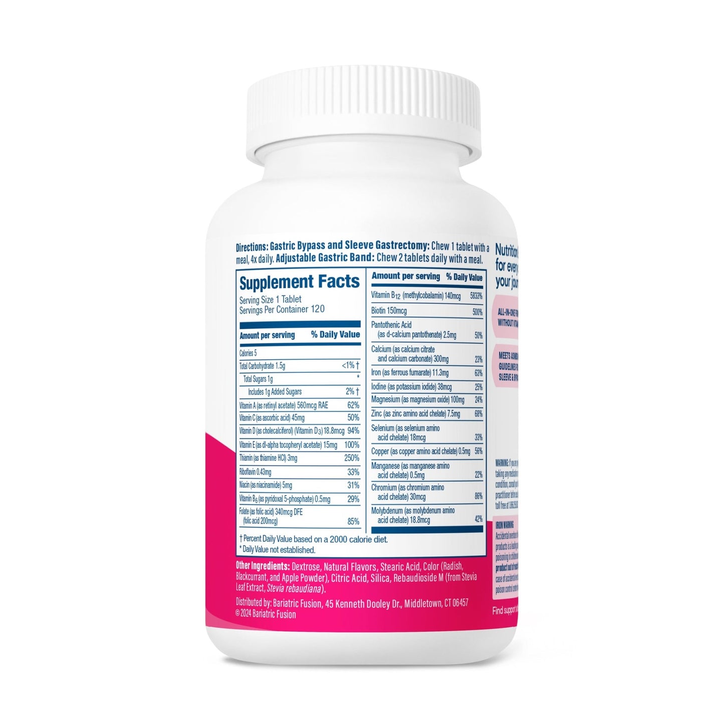 Bariatric Fusion Wild Cherry Complete Chewable Bariatric Multivitamin directions, servings and ingredients.